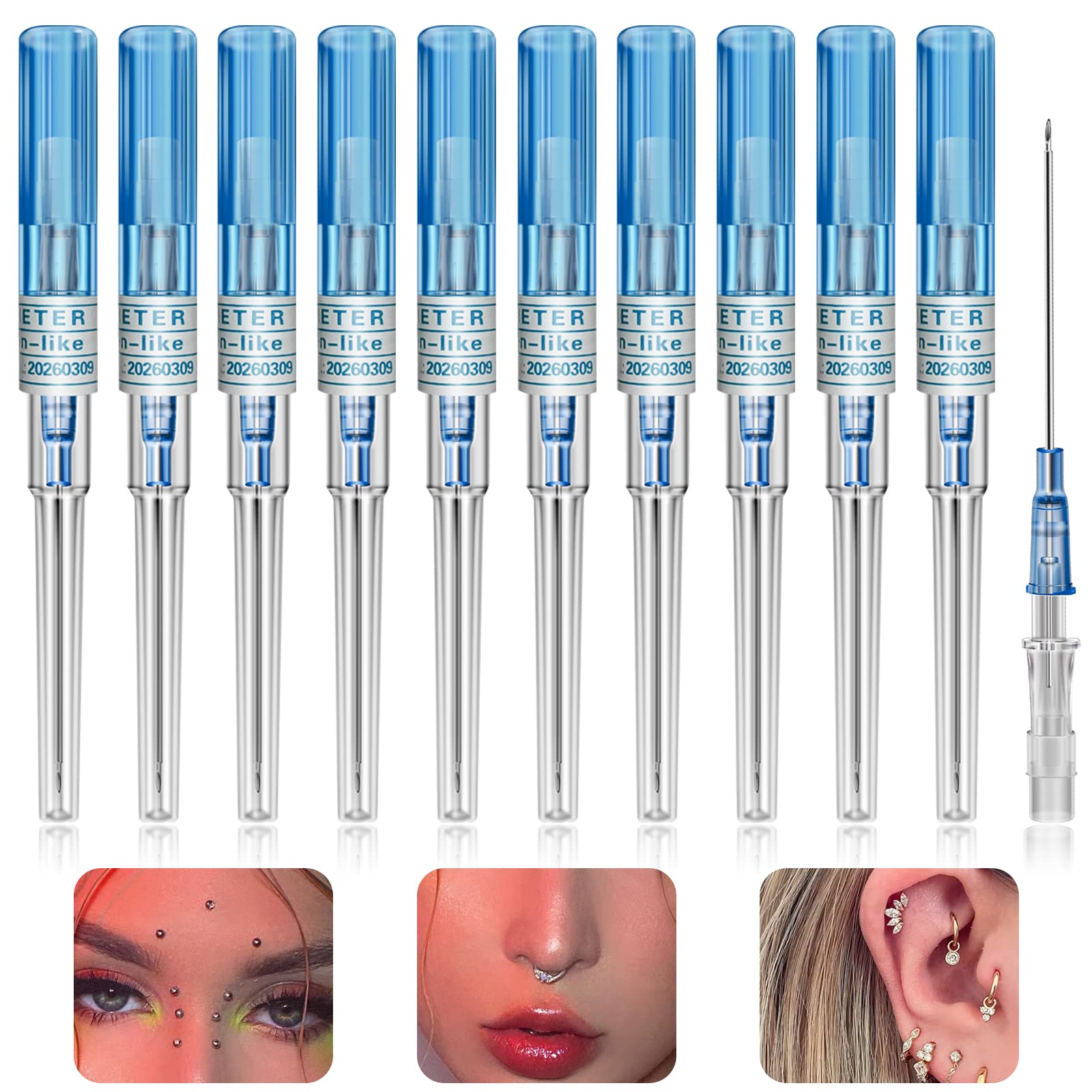 CINRA 10Pcs 22 Gauge IV Catheter Piercing Needles - Stainless Steel Hollow Needles for Ear, Nose, Lip, Tongue, Belly Button & Nipple Piercing - Professional Body Jewelry Kit for Safe & Hygienic Piercings at Home or Studio