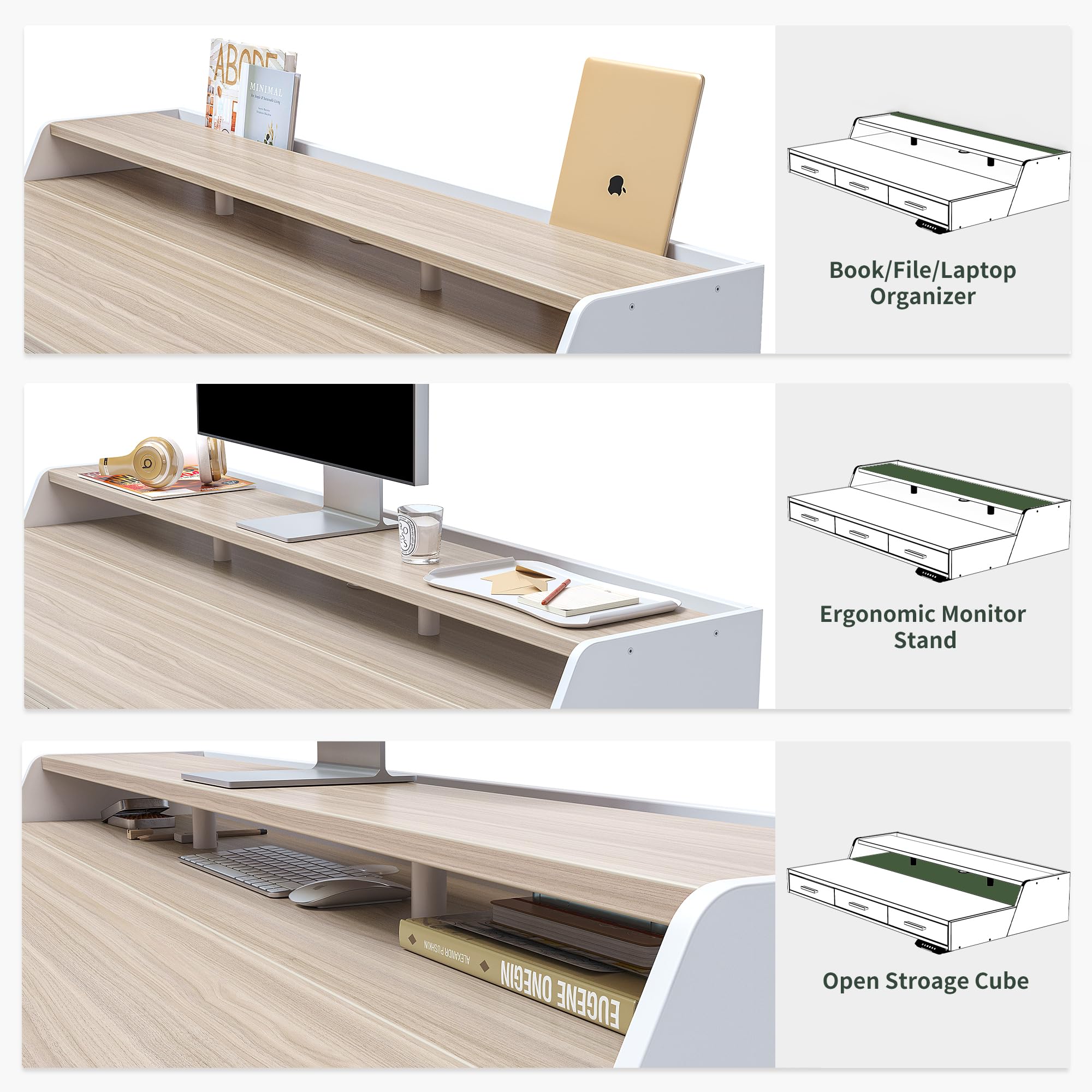 FEZIBO 48x24 Inch Electric Height Adjustable Standing Desk with Drawers & Monitor Shelf - Light Walnut Sit Stand Home Office Desk for Ergonomic Workspace & Small Spaces