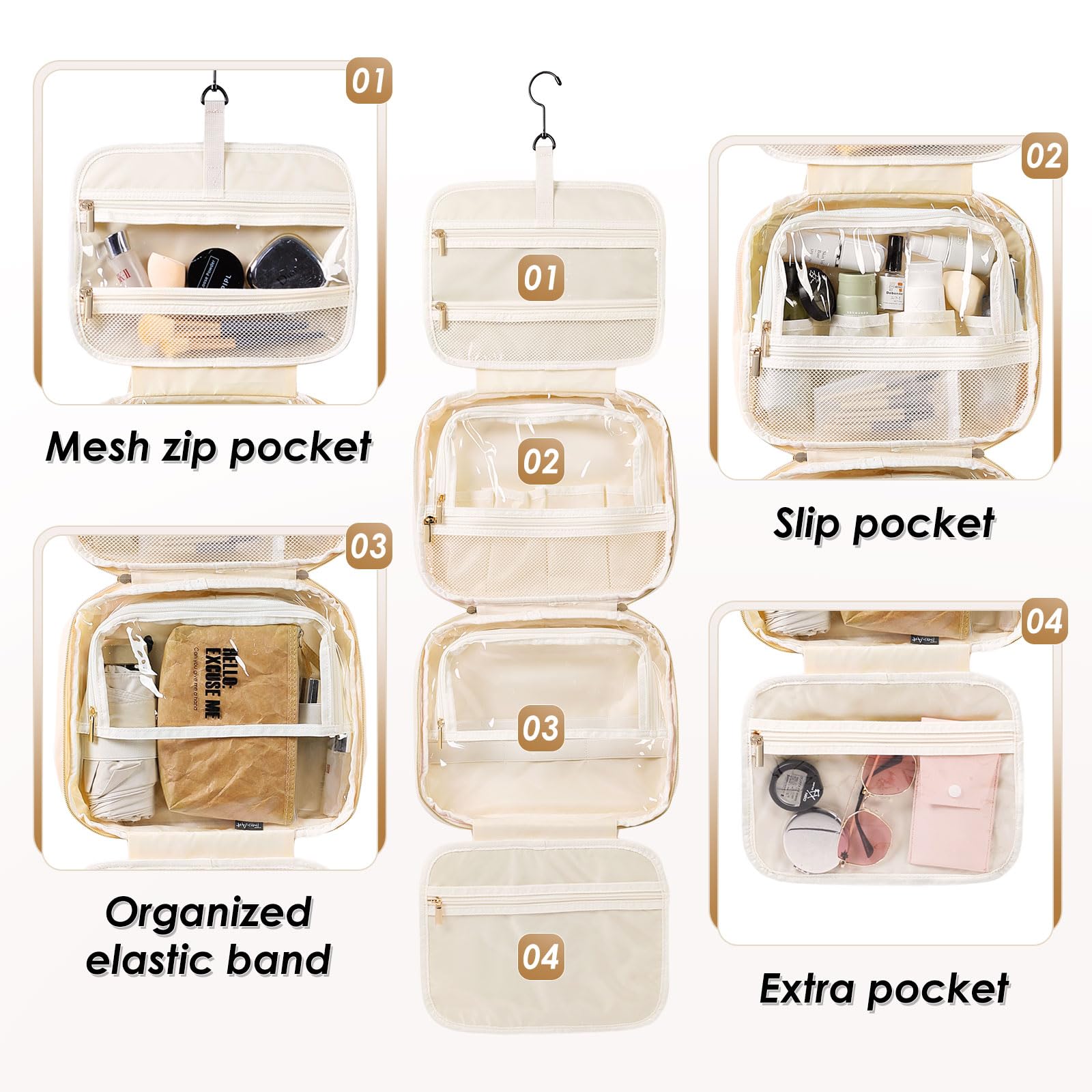Waterproof Hanging Toiletry Bag for Women Travel - Large Cosmetic Organizer with Multiple Pockets, Makeup Travel Bag Essentials (Beige) | Perfect for Airplane, Gym, Camping & Vacation Trips