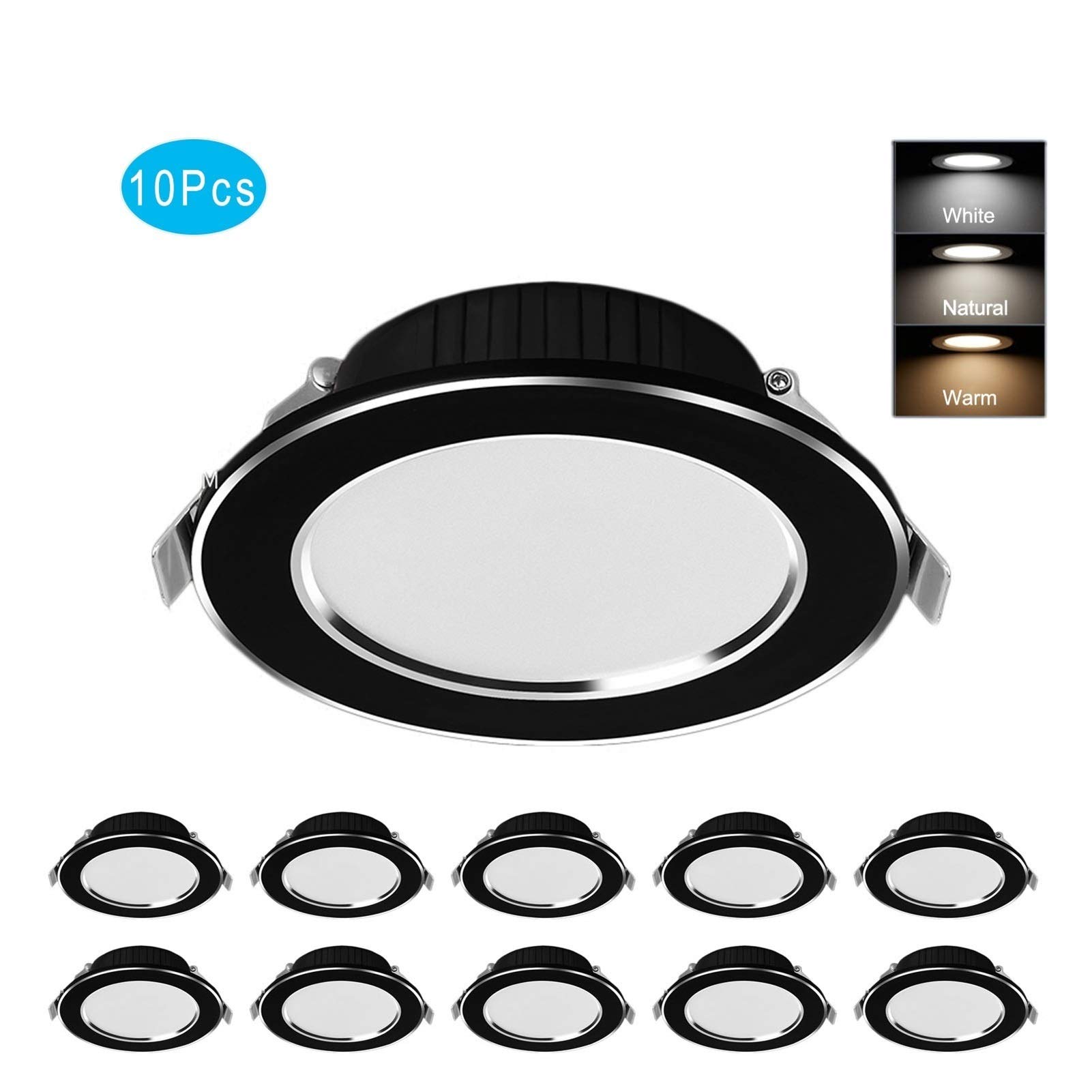 10Pcs 6W Dimmable LED Recessed Ceiling Lights - 3 Color Changing Downlight with Aluminum Alloy Panel - 7-9cm Hole Size for Living Room, Bedroom, Kitchen & Hallway Lighting (Black)
