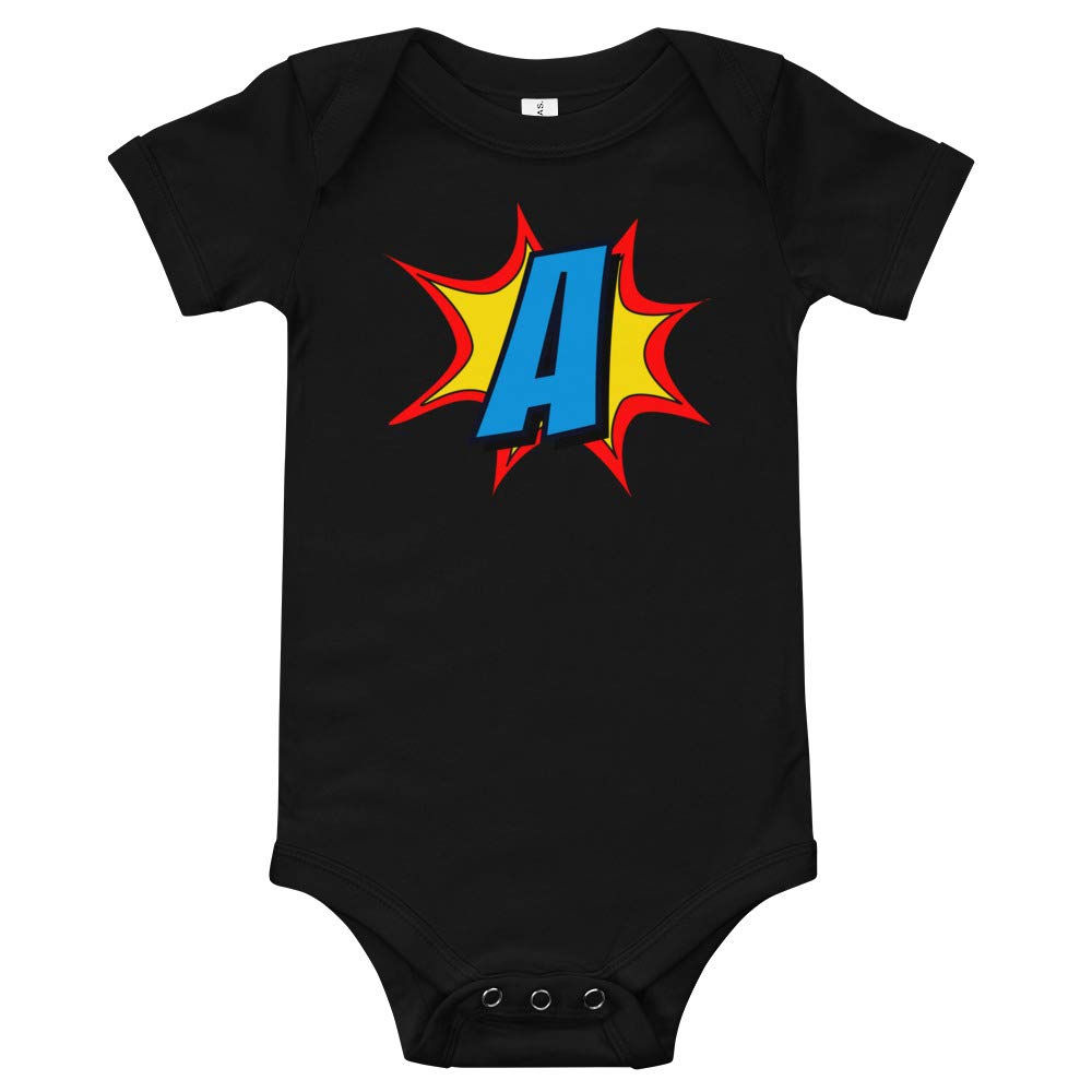 Personalized Baby Bodysuit with Comic Book Superhero Art - Custom Letter A Infant Onesie - Unique Baby Gift Idea for Newborns & Showers - Perfect for Birthdays, Photo Shoots & Everyday Wear