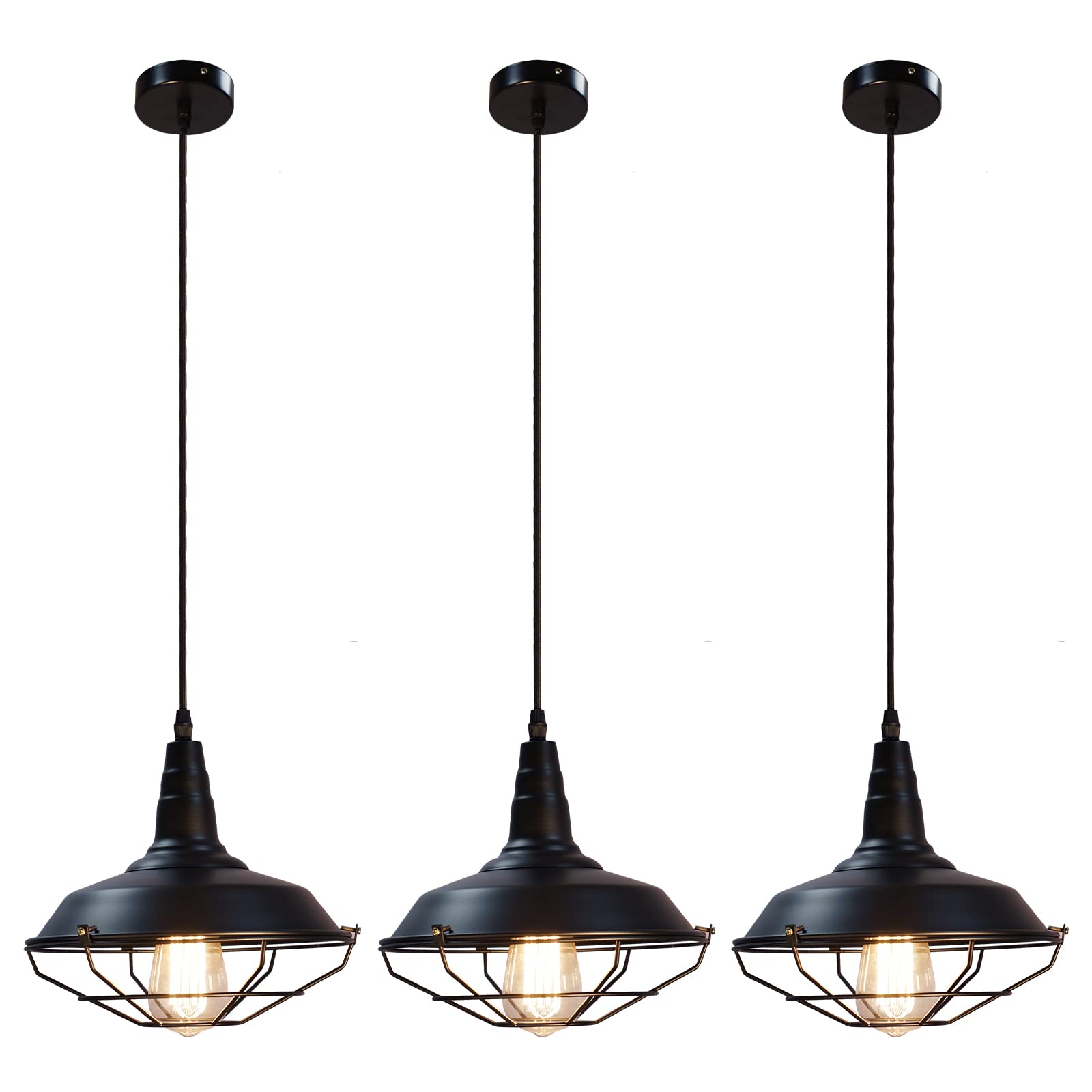 Farmhouse Pendant Light 3 Pack - 10.5 Inch Black Industrial Hanging Lights for Kitchen Island, Dining Room, Office & Bedroom | Rustic Ceiling Fixture for Modern Home Decor