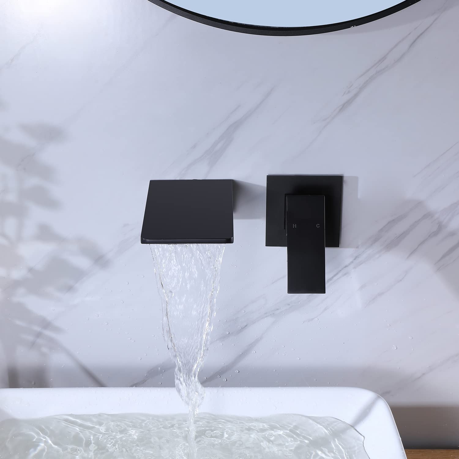 Wall Mount Waterfall Bathtub Faucet - Single Handle Matte Black Bathroom Sink Faucet - 2 Hole Widespread Vessel Faucet for Lavatory Vanity - Perfect for Modern Bathroom & Spa Style Decor
