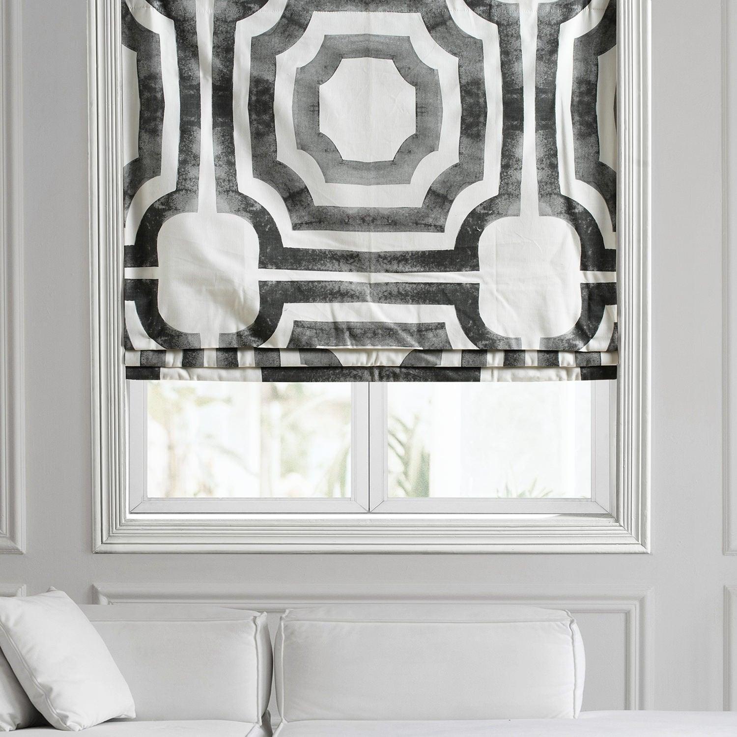 Mecca Steel Geometric Printed Cotton Roman Shade - Modern Window Treatment for Living Room, Bedroom & Office | Blackout & Light Filtering
