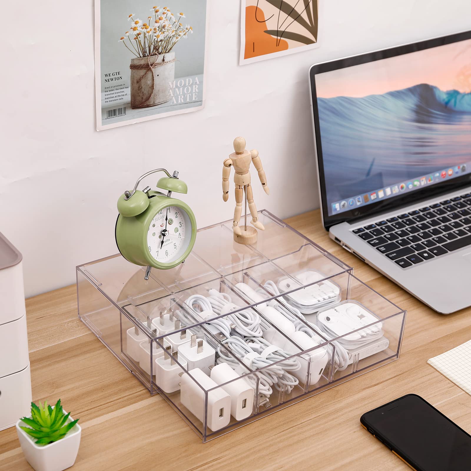Yesesion 2-Pack Clear Plastic Cable Organizer Drawer with Adjustable Compartments & 40 Wire Ties - Large Cord Management Box for Office Desk, Electronics, Home & Travel Organization