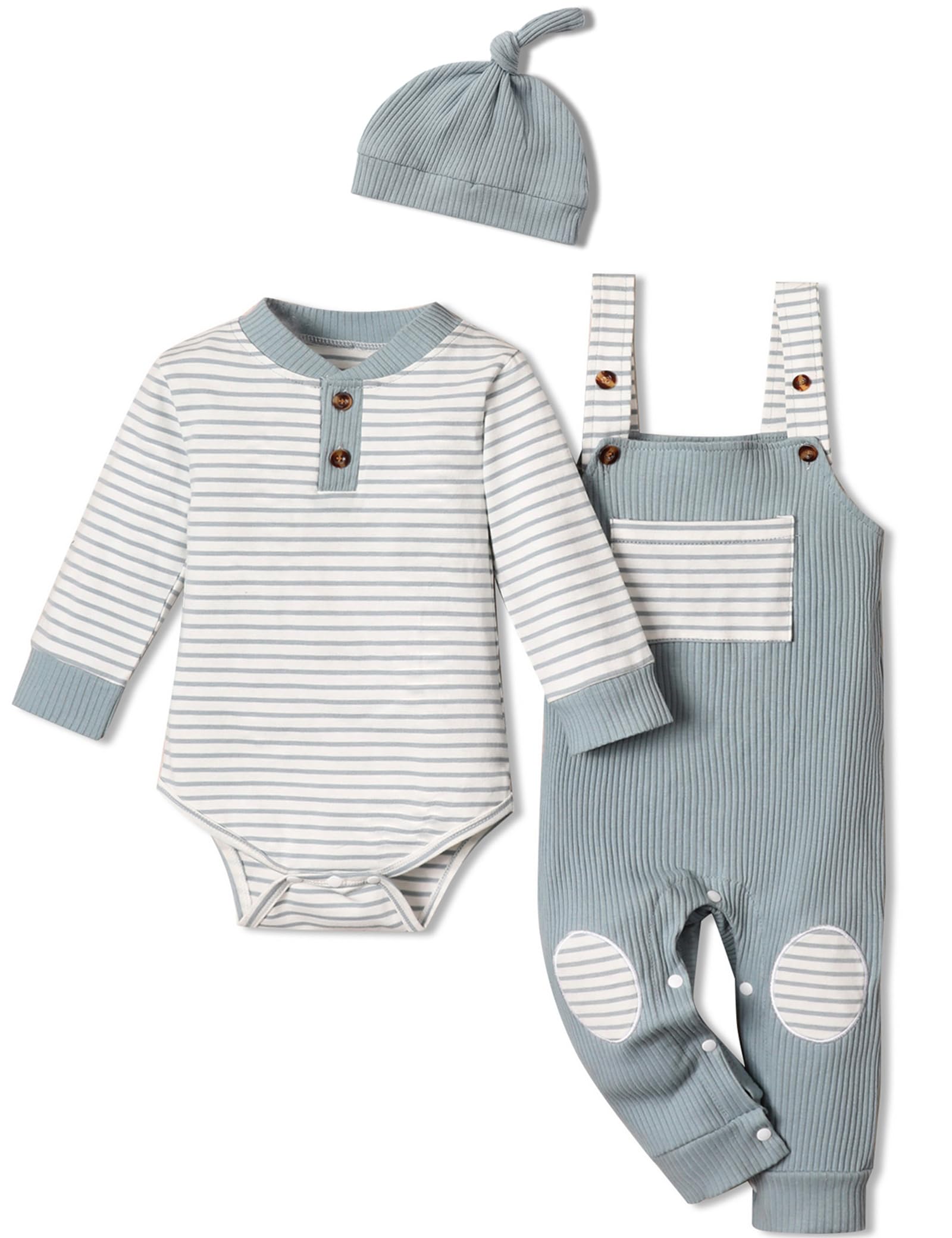 Adorable Baby Boy Outfits - Striped Print Romper Top & Overalls Set with Hat | Soft & Warm Fall Winter Clothes for Newborns & Toddlers | Perfect for Family Photos, Holiday Parties & Daily Wear
