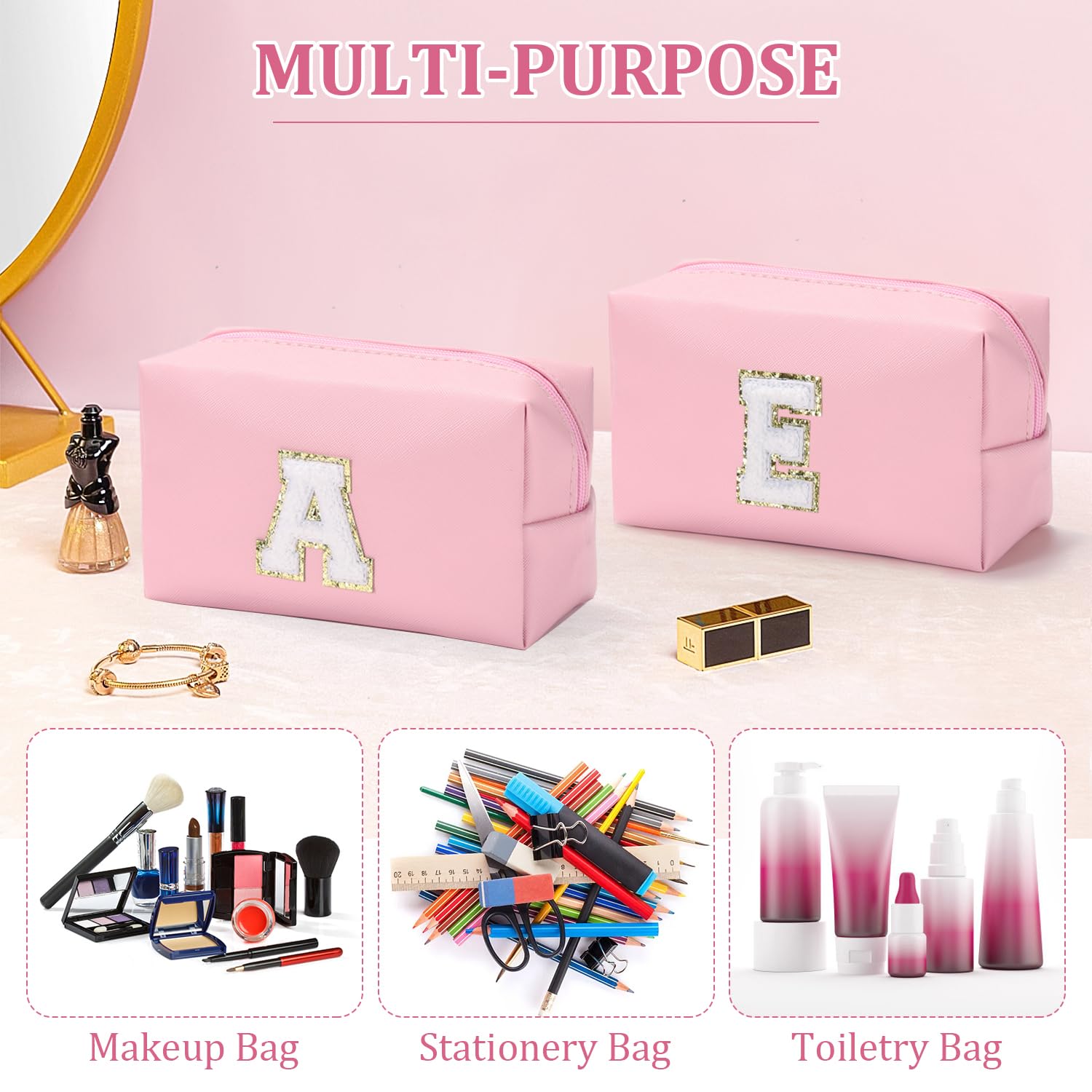 Personalized Initial Letter Makeup Bag for Women - Cute Waterproof PU Leather Cosmetic Travel Bag, Zippered Toiletry Pouch Organizer (N, Pink) - Perfect for Travel, Gym & Daily Essentials Storage