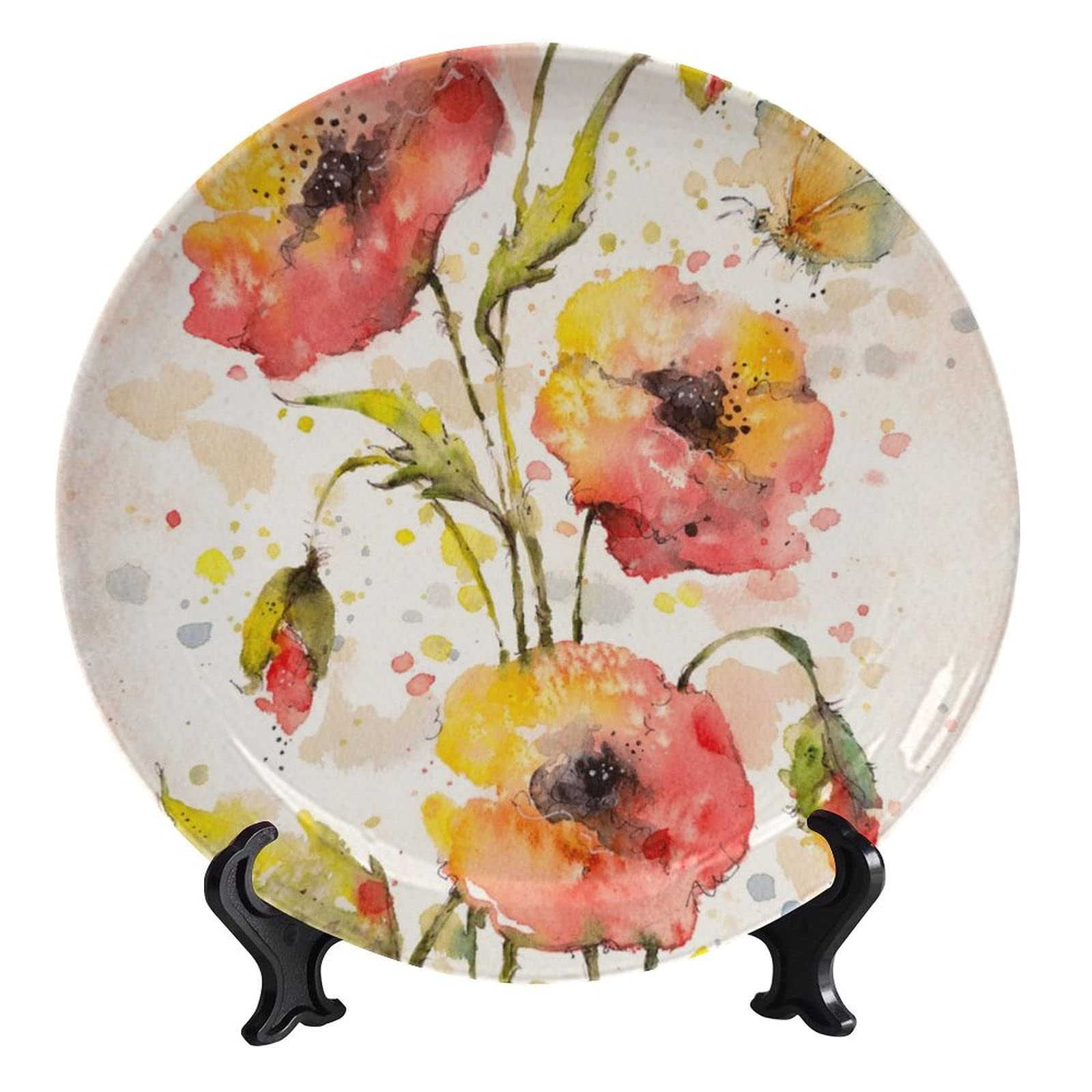 SCGOLD 8 Inch Watercolor Animal & Floral Decorative Ceramic Plate with Stand - Hand-Painted Kitchen Decor, Dining Table Centerpiece, Wall Display Art for Home & Gift Giving