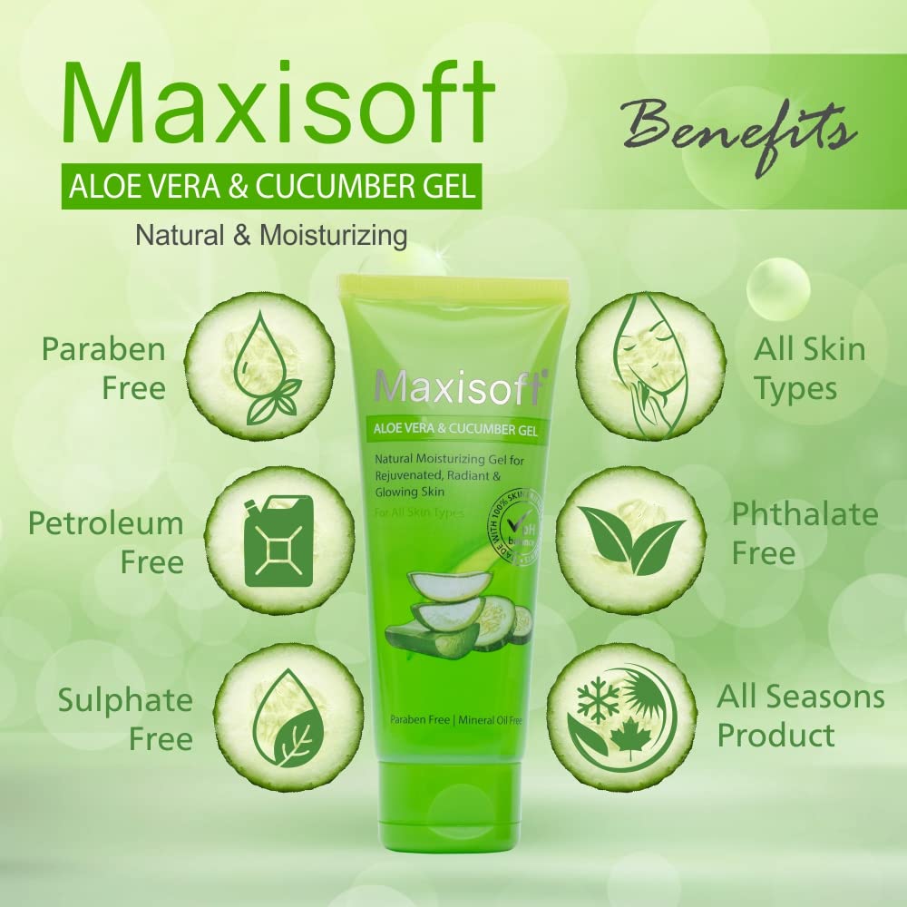 Maxisoft Aloe Vera & Cucumber Gel for Face & Body - Cooling Moisturizer to Soothe Dry, Irritated Skin - Lightweight Non-Sticky Formula for Daily Skincare & Haircare - 120g (Pack of 1) | Perfect for Sunburn Relief, After-Sun Care & Summer Hydration