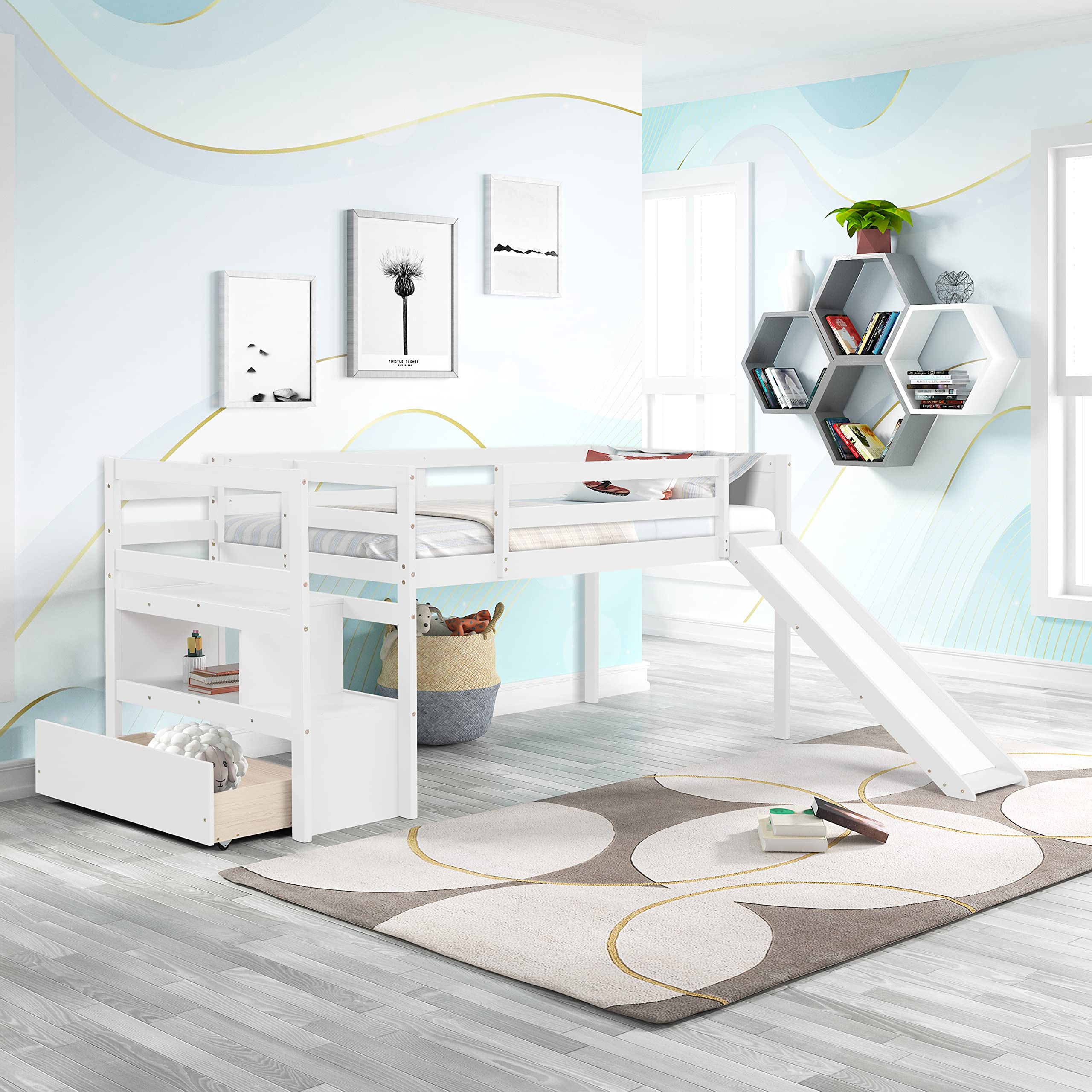 Twin Loft Bed with Slide, Storage Stairs & Drawers - Wooden Bunk Bed for Kids, Teens & Adults - Space-Saving Bedroom Furniture for Small Rooms, Dorms & Apartments - No Box Spring Needed