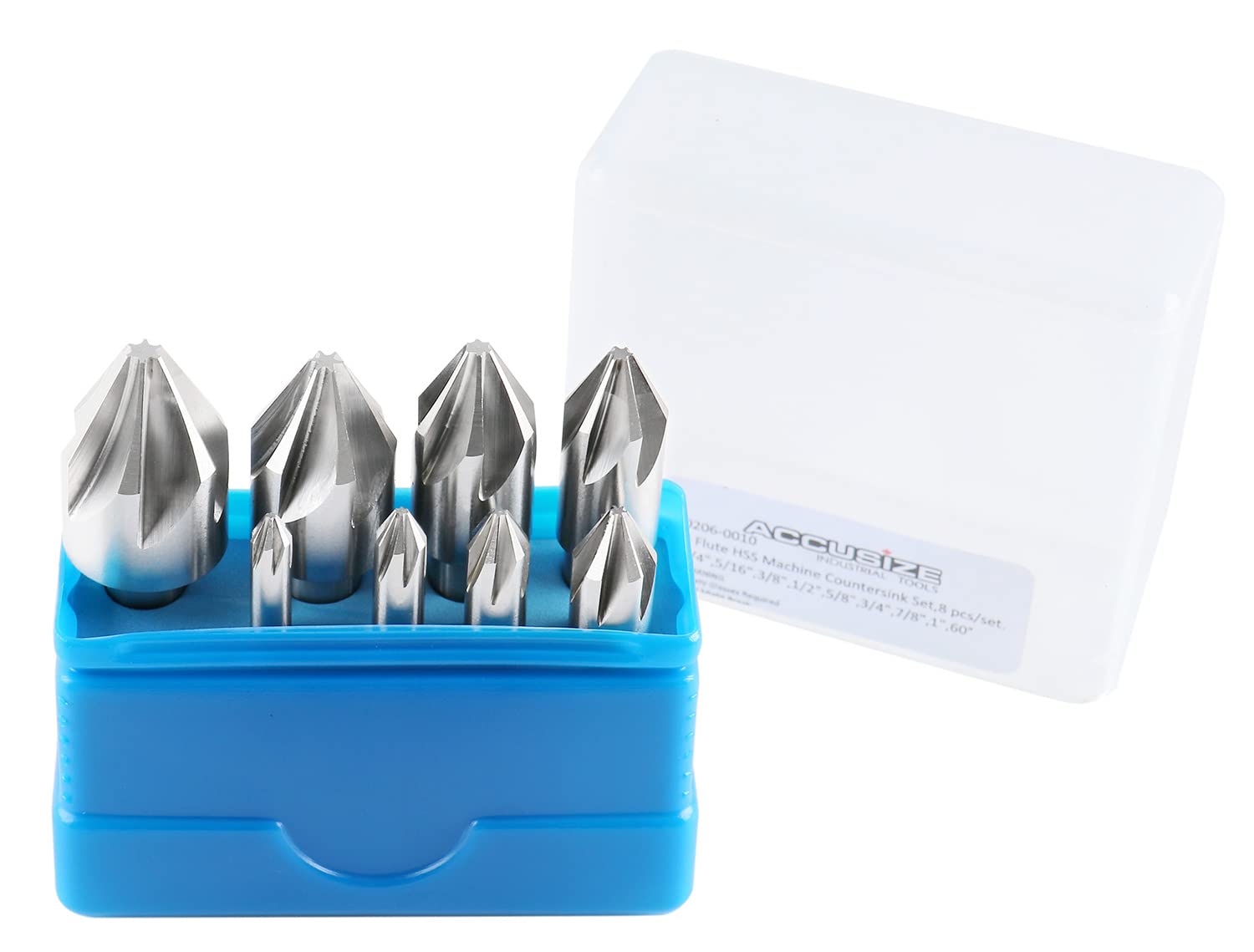 Accusize Industrial Tools 60 Degree 6 Flute HSS Machine Countersink Set - 8 Pcs Precision Ground for Metalworking, Woodworking & DIY Projects - Model 0206-0010
