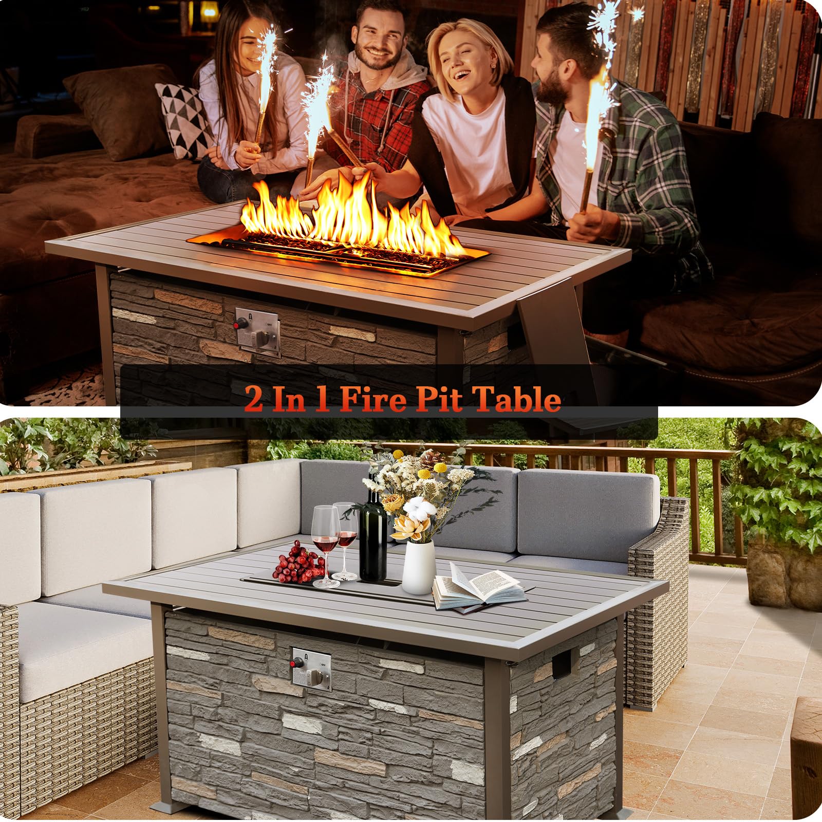 NOBLEMOOD 48 Inch CSA Certified Propane Fire Pit Table - 50,000 BTU Outdoor Gas Fire Pit with Faux Ledgestone Base & Aluminum Table Top, Includes Waterproof Cover - Perfect for Patio, Backyard, Garden & Poolside Gatherings