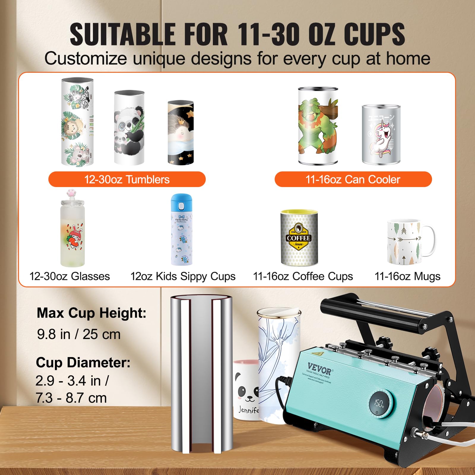VEVOR Tumbler Heat Press Machine for Sublimation - 30OZ & 20OZ Straight Skinny Tumblers, 11-16OZ Mugs - Adjustable Temperature & Timer with Knob Control, Includes Heat Tape & Gloves (Green) - Perfect for DIY Custom Tumblers, Personalized Gifts & Small Business Crafting