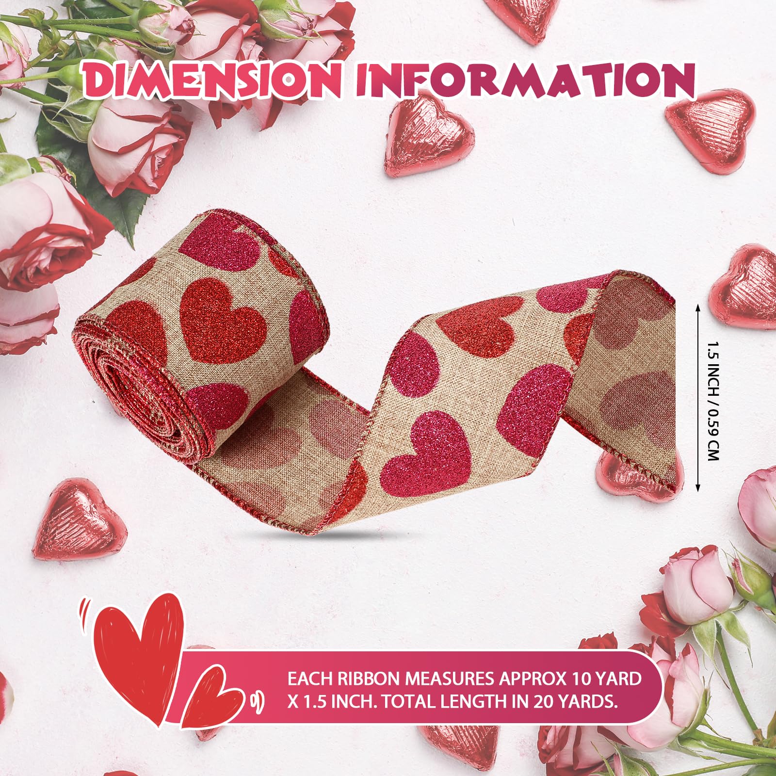 2 Rolls 20 Yards Glitter Hearts Wired Edge Burlap Ribbon - Valentine's Day DIY Gift Wrapping, Wreath & Craft Decoration (1.5 Inch, Natural/Red/Pink) - Perfect for Party Decor, Wedding Favors, Scrapbooking & Home DIY Projects