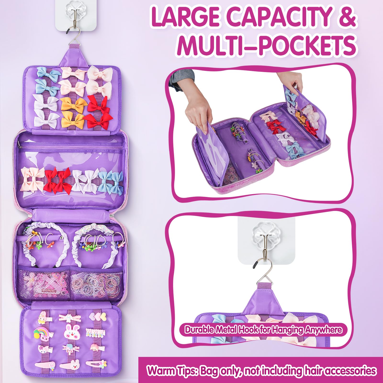 Shiny Bow Holder & Hair Accessories Organizer for Baby Girls - Travel Storage Bag for Hair Clips, Headbands, Scrunchies & Hair Ties (Purple) - Perfect for Home, Travel & School Organization