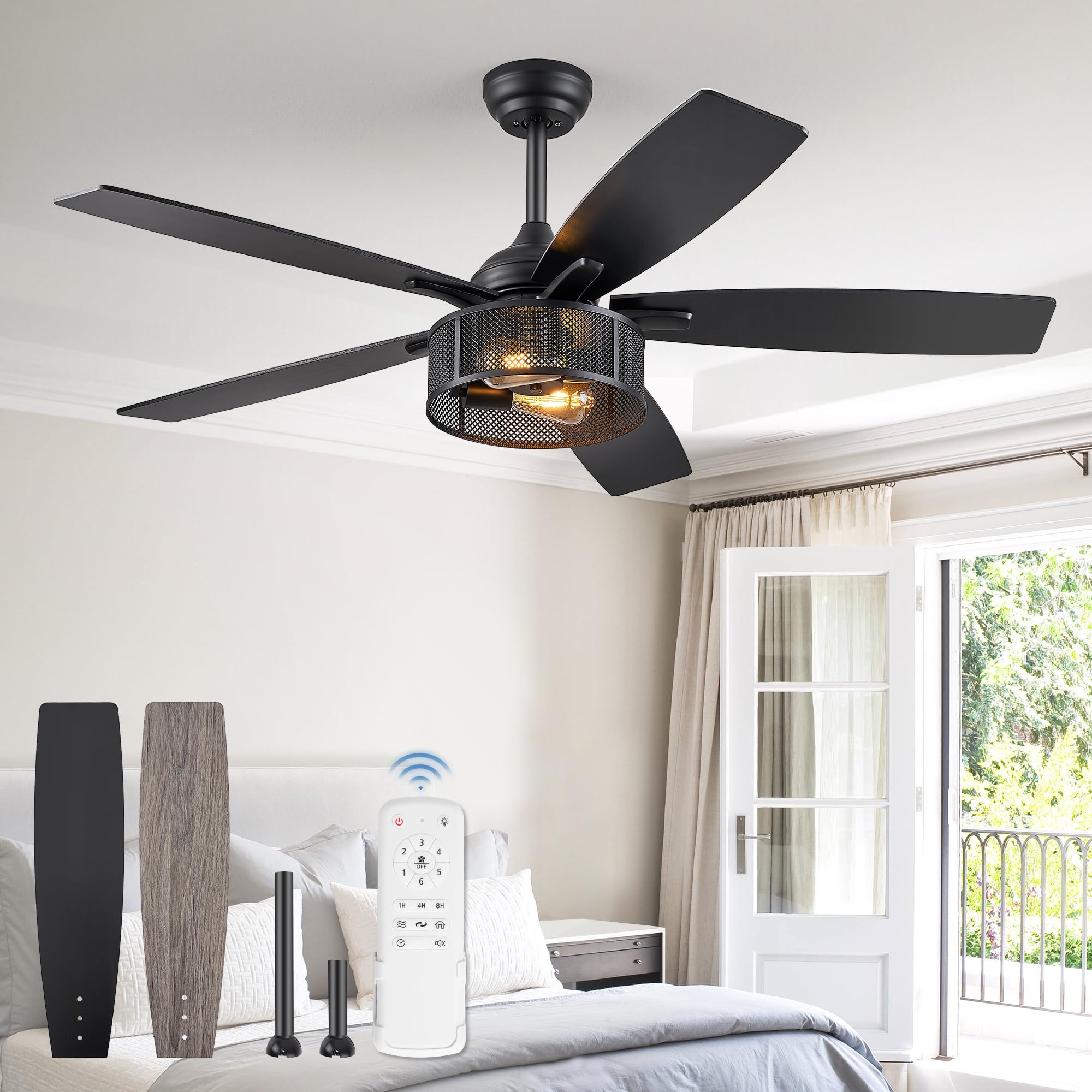 52 Inch Black Industrial Caged Ceiling Fan with Lights & Remote - 6 Speed Reversible Quiet DC Motor, Dual Finish 5 Blades - Farmhouse Style for Bedroom, Living Room & Kitchen - Perfect for Home Cooling and Decoration