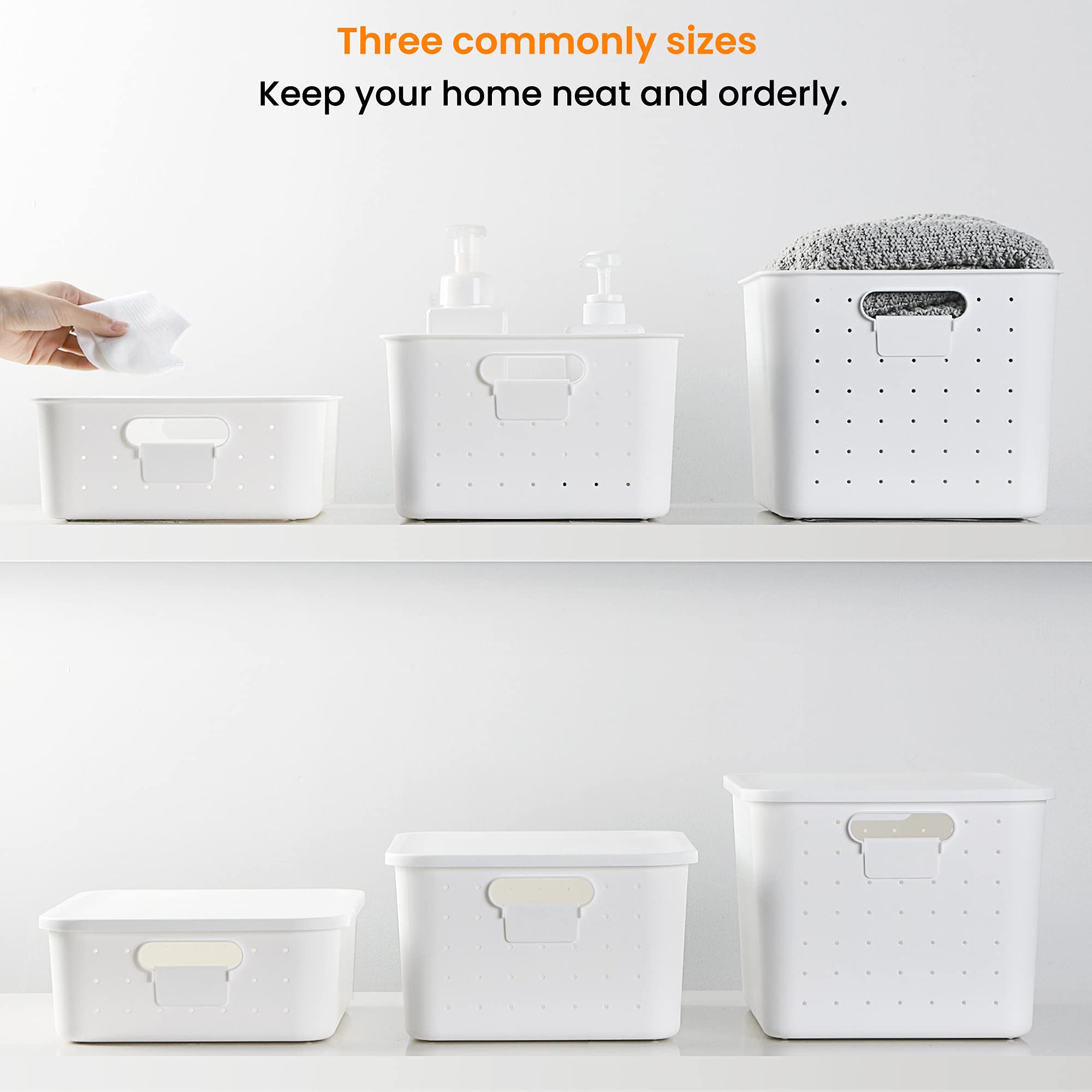 Durable Plastic Storage Baskets with Lid - Stackable Organizer for Closet & Office (14x10x8in, White)