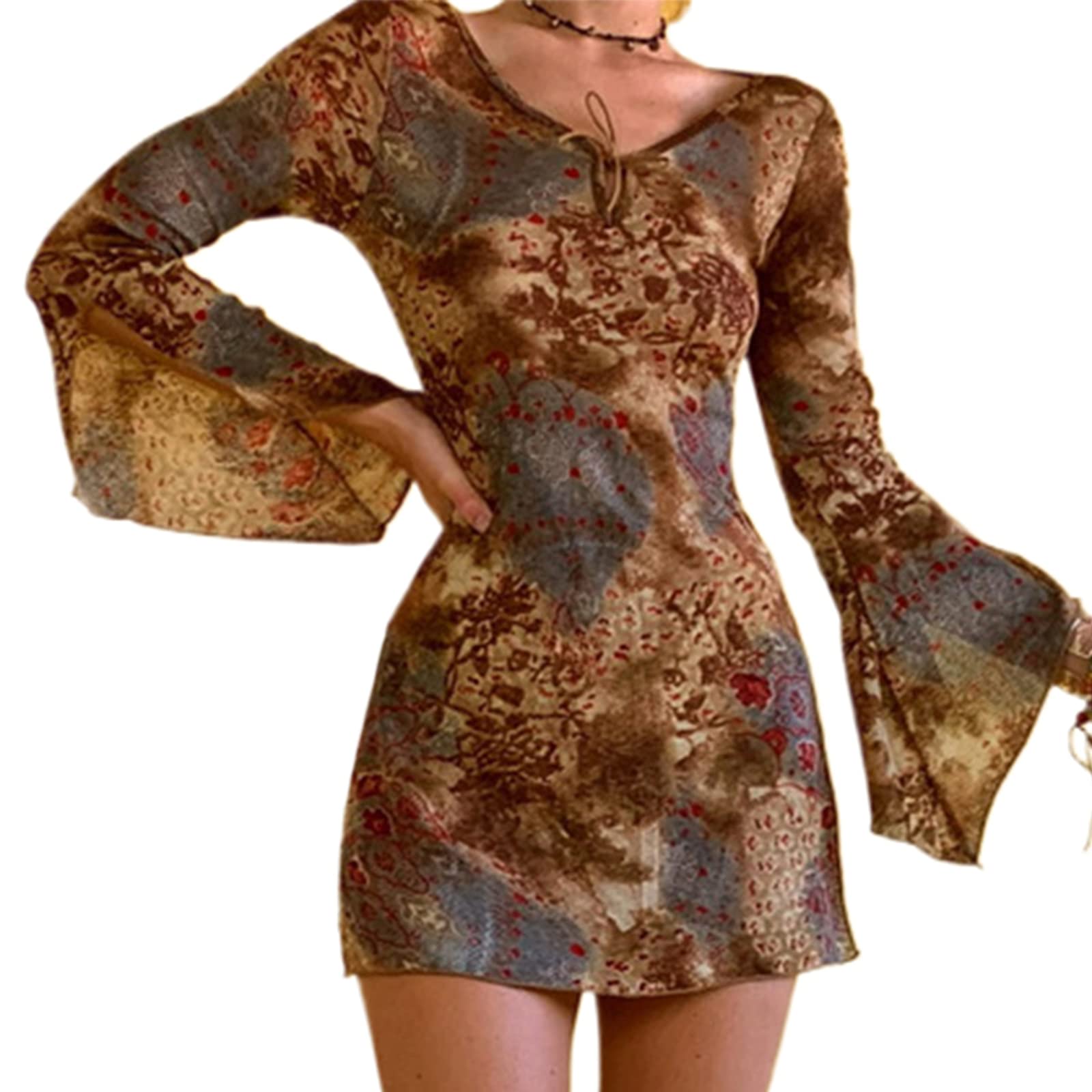 Vintage Floral Print Long Dress for Women - Fairycore Grunge Flare Mini Dress, Aesthetic Streetwear for Boho Parties & Summer Outfits