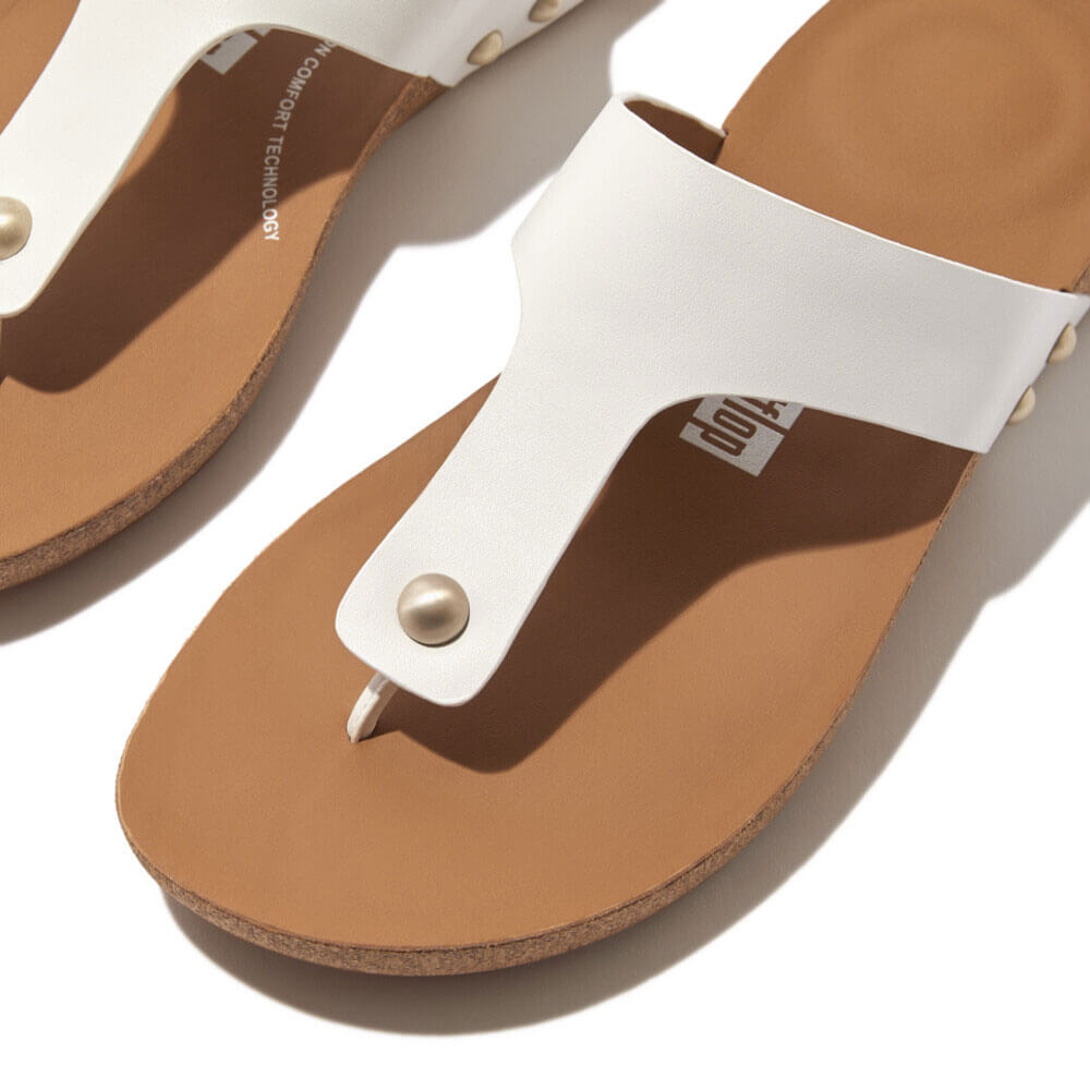 FitFlop Iqushion Leather Toe Post Sandals for Women - Comfortable Orthopedic Flip Flops with Arch Support - Urban White - Perfect for Walking, Travel & Summer Outfits