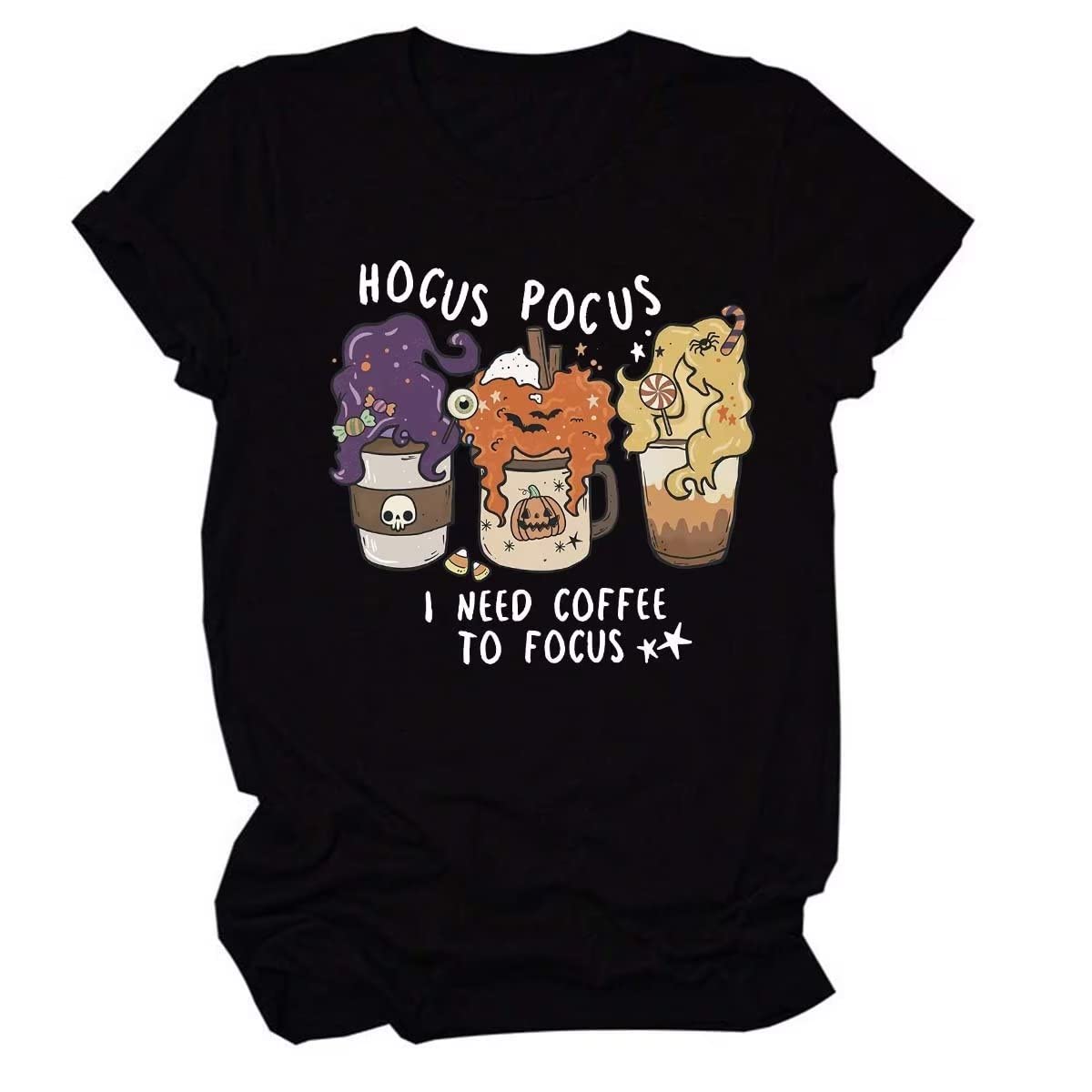 Funny Halloween Coffee Skeleton T-Shirt for Women - I Need Coffee to Focus Graphic Tee - Cute Pumpkin & Coffee Design - Perfect for Halloween Parties, Coffee Lovers & Casual Wear