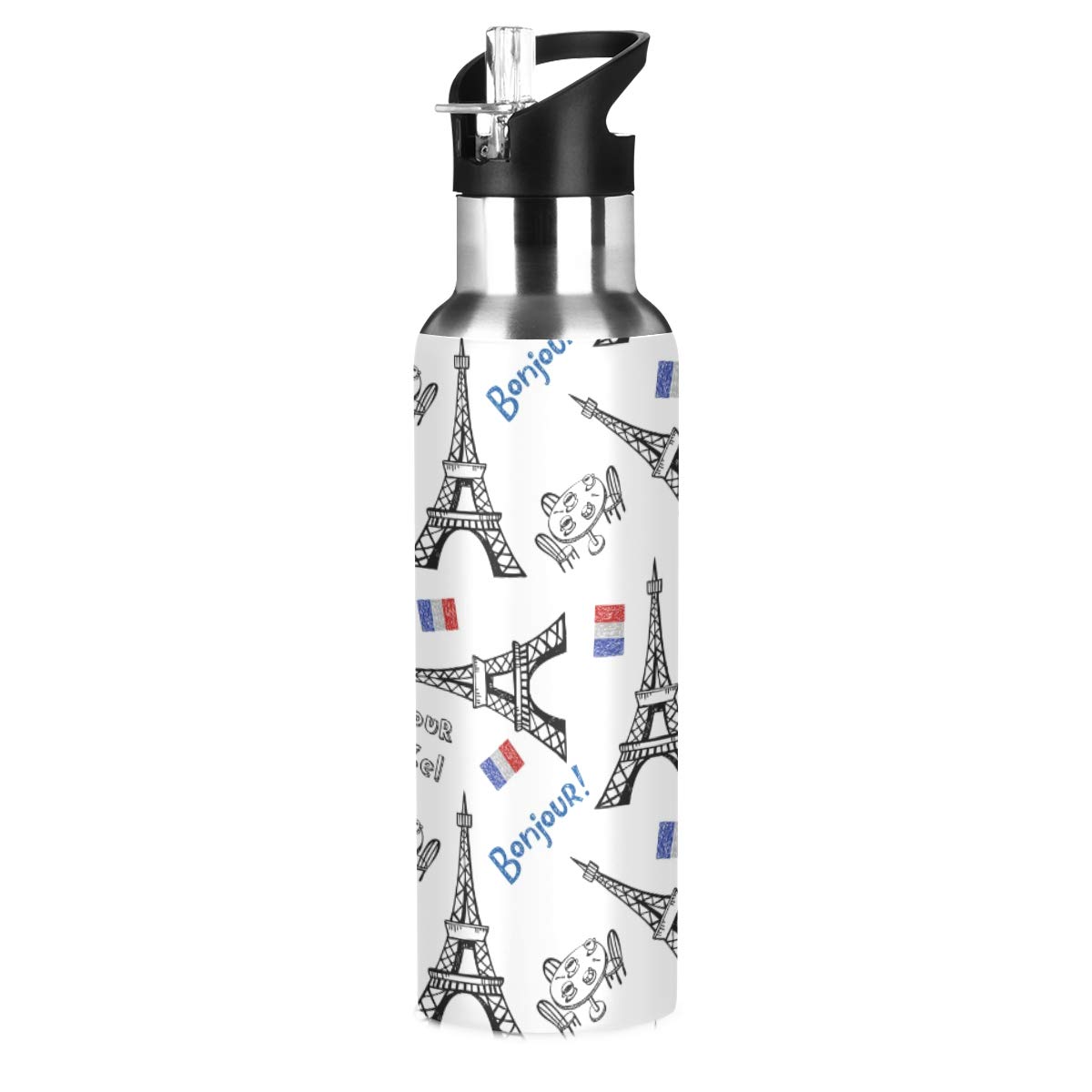 ALAZA Stainless Steel Vacuum Insulated Water Bottle with Straw - 20oz Paris Eiffel Tower Design with French Flag - Keeps Drinks Cold 24Hrs/Hot 12Hrs - Perfect for Travel, Gym, Hiking & Outdoor Activities