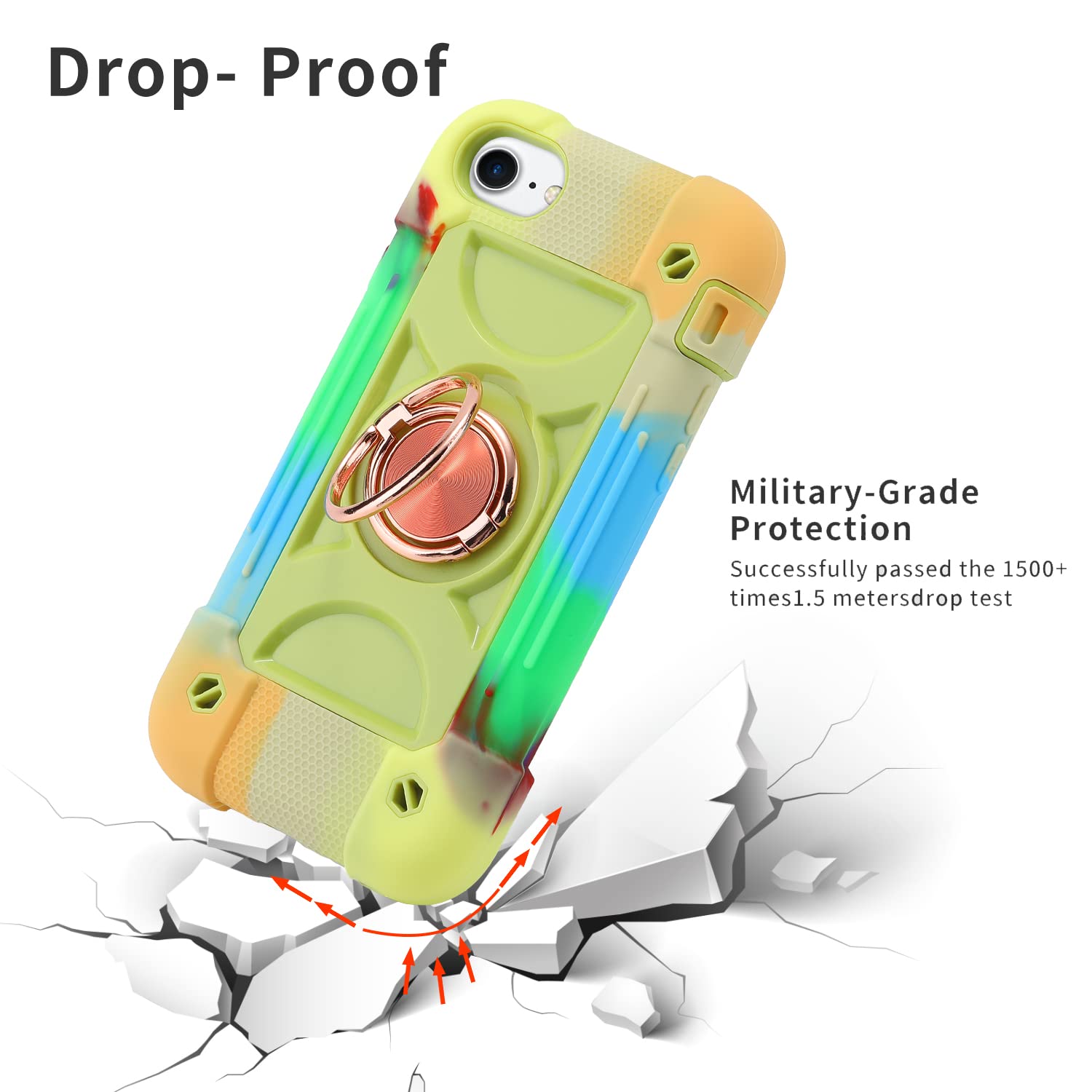 MARKILL Military Grade Shockproof iPhone SE 3/SE 2/6/6S/7/8 Case 4.7 Inch with Ring Stand - Heavy Duty Protection in Rainbow Green | Perfect for Outdoor Activities, Travel & Daily Use