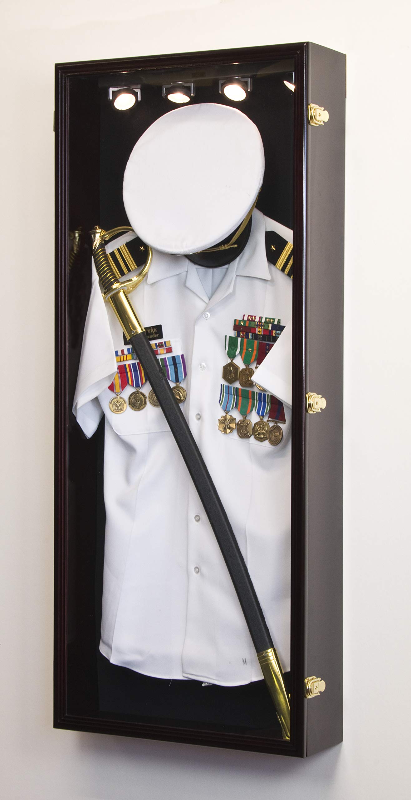 Military Shadow Box Display Case for Uniform, Cap, Hat, Sword & Medals - Lockable Wall Cabinet Frame with Cherry Finish, LED Light & Black Felt Background - Perfect for Home Decor, Veteran Gifts & Military Memorabilia Display