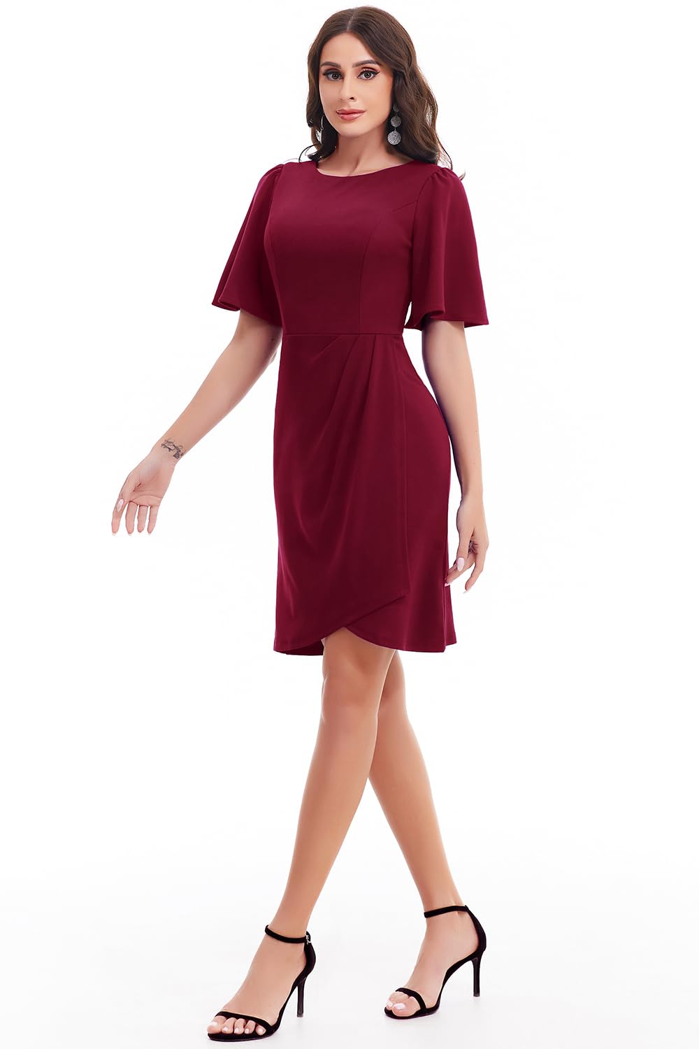 Bbonlinedress Women's Short Sleeve Cocktail Dress - Ruched Sheath Bodycon Formal Dress for Wedding Guest, Office Party & Evening Events
