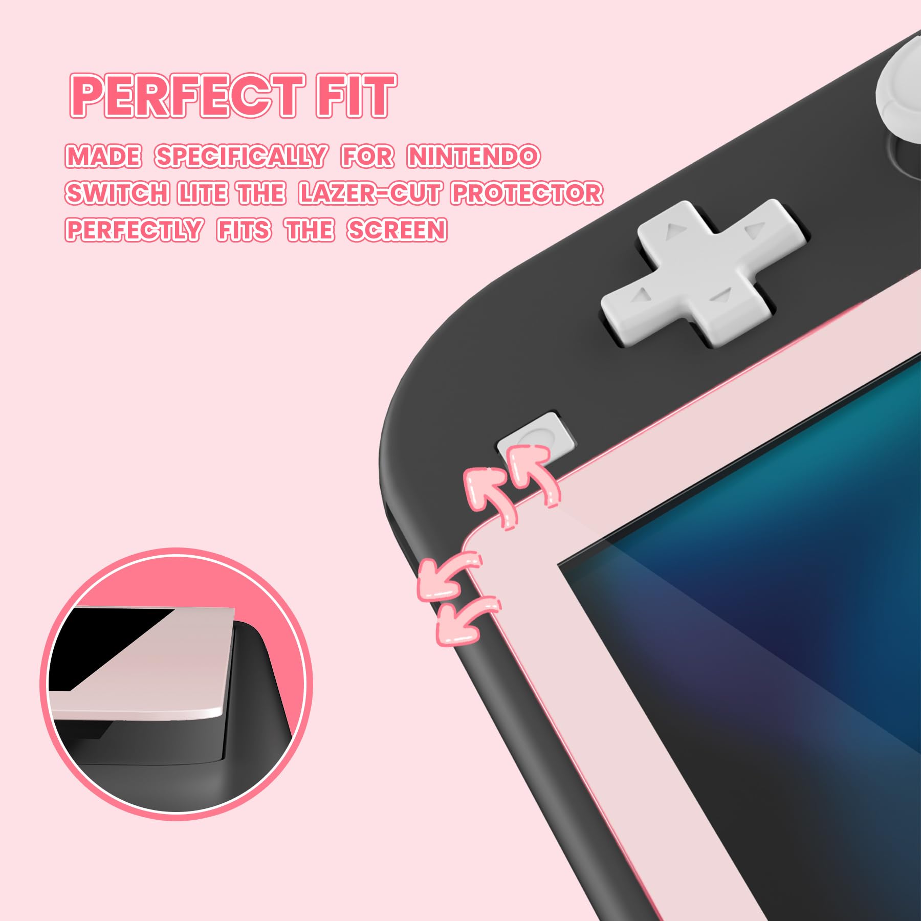 eXtremeRate Tempered Glass Screen Protector for Nintendo Switch Lite - Anti-Scratch & Anti-Fingerprint HD Clear Bubble-Free with Pink Border - Perfect for Gaming Protection & Travel Use