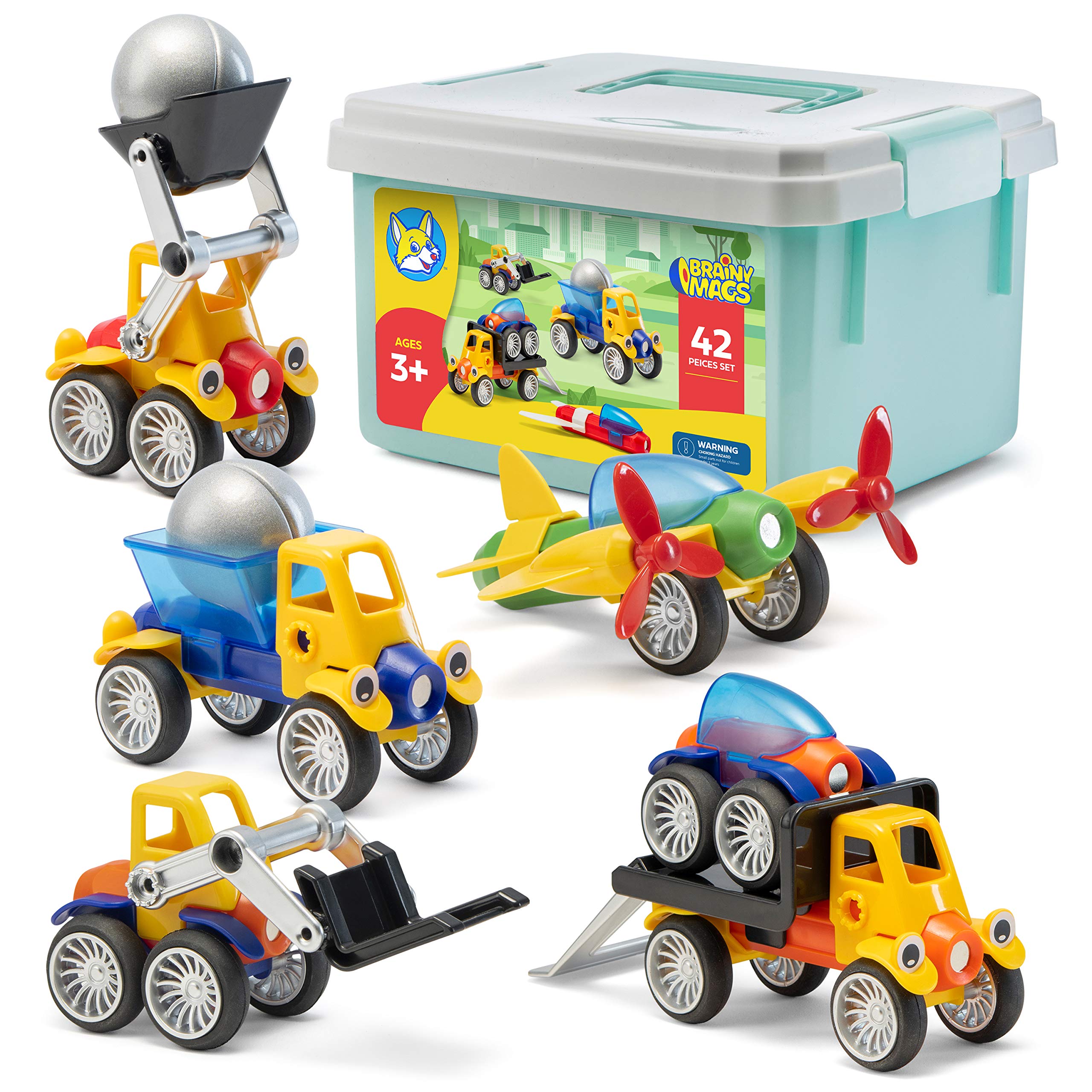 Play Brainy Magnetic Toy Cars Set for Kids - 42-Piece STEM Learning Toys for Toddlers & Preschoolers | Montessori Educational Building Blocks for Fine Motor Skills & Creativity | Perfect for Classroom, Home Play & Travel Activities