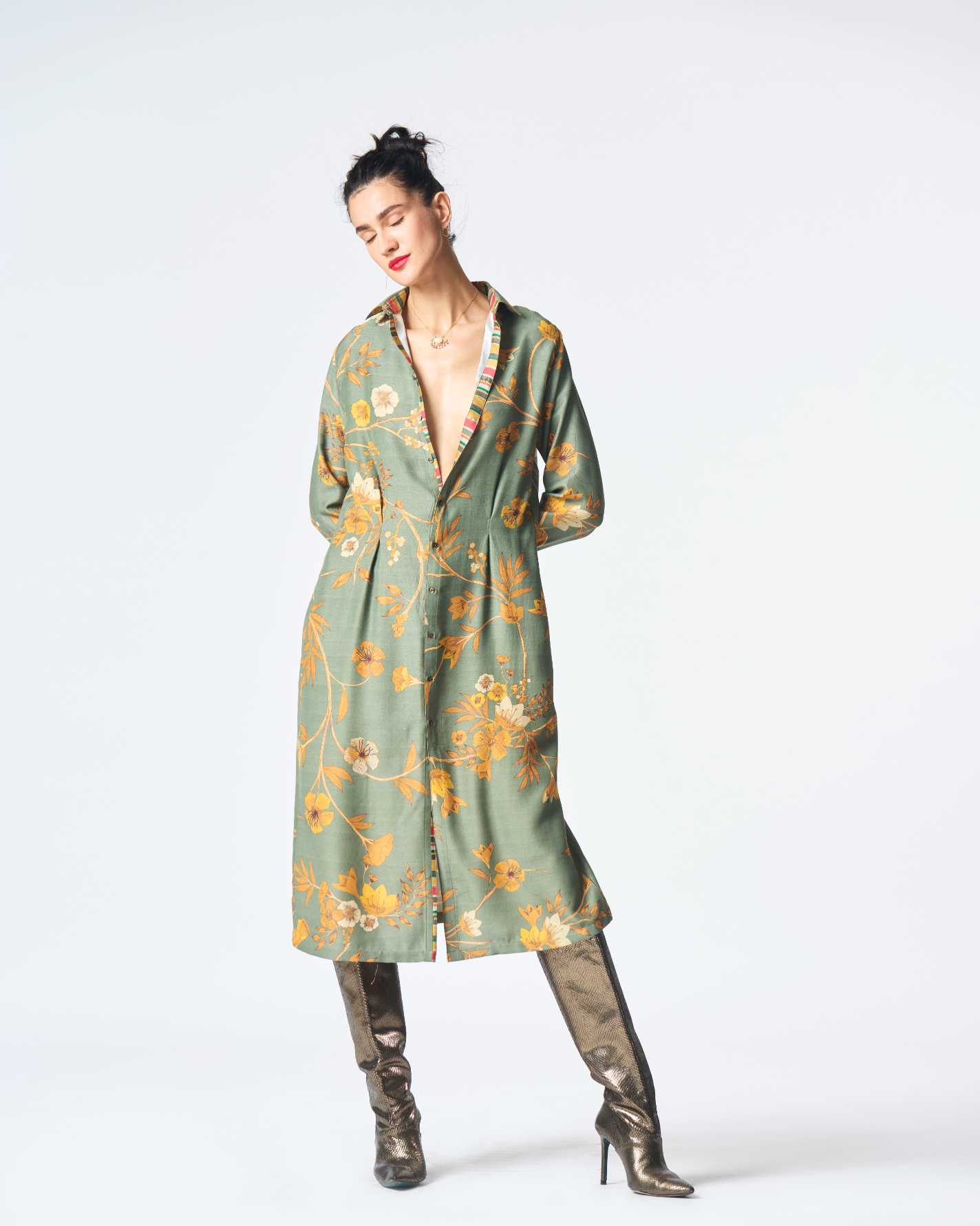 Elegant Pleated Muga Satin Dress in Sage Green - Perfect for Weddings, Parties & Special Occasions