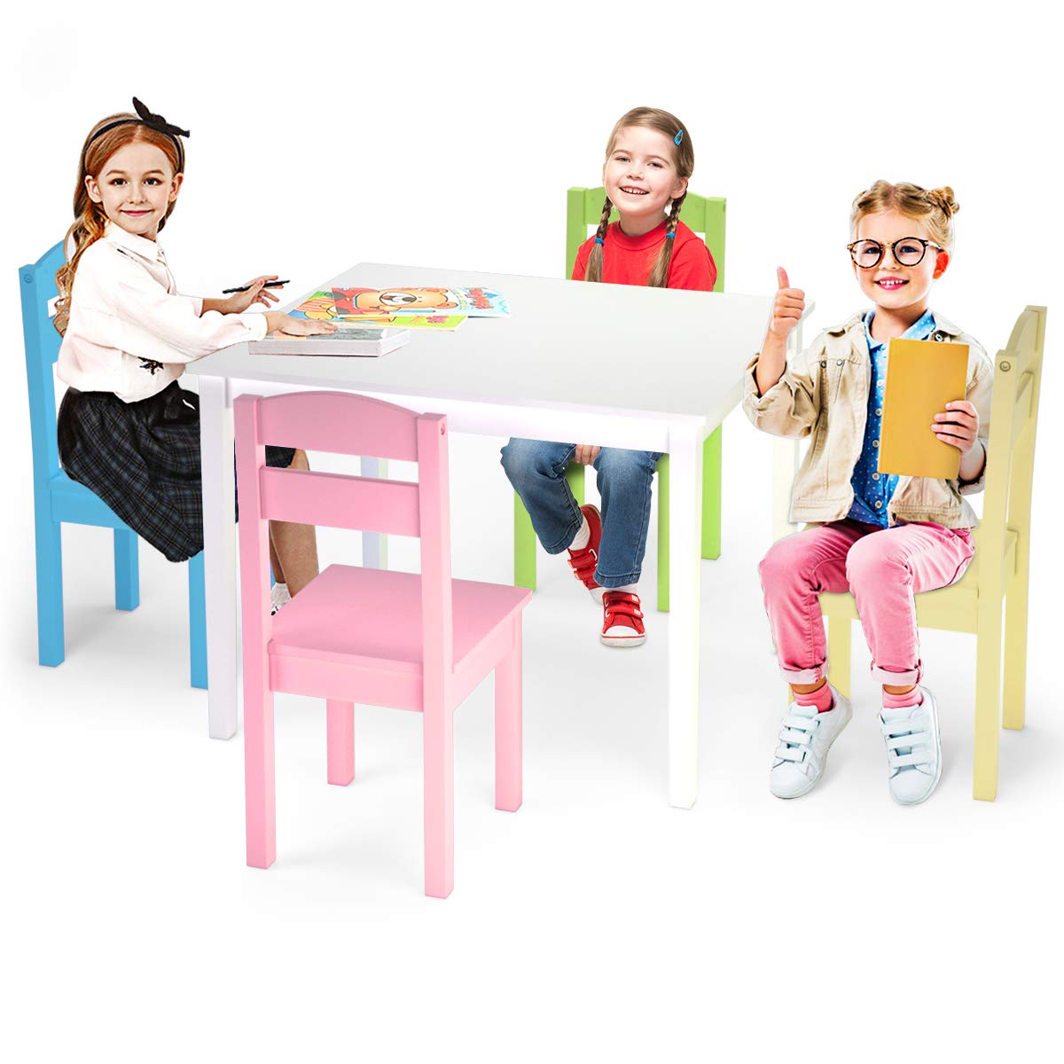 LDAILY Moccha 5-Piece Kids Wooden Table and Chair Set - Colorful Children's Dining Table with 4 Sturdy Backrest Chairs - Perfect for Playroom, Learning Activities, Indoor Picnic & Toddler Mealtime