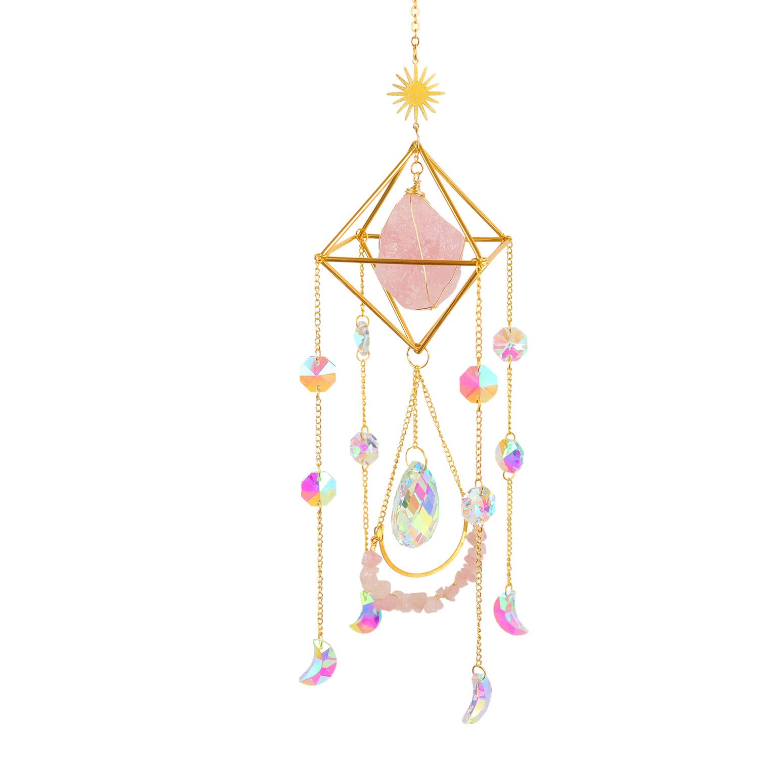Rose Quartz Crystal Suncatcher - Spiritual Window Hanging Decor, Rainbow Maker for Home & Garden, Natural Gemstone Boho Style Gift (Perfect for Meditation Rooms, Bedrooms & Sunlit Spaces)
