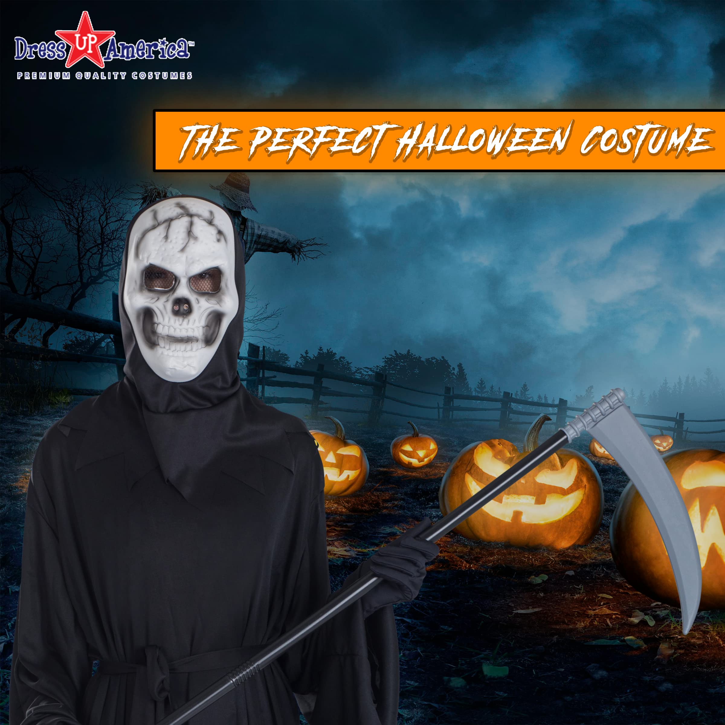 Grim Reaper Halloween Costume for Adults - Black Hooded Cloak with Scythe & Mask - Scary Halloween Outfit Set | Perfect for Halloween Parties, Cosplay & Horror Events