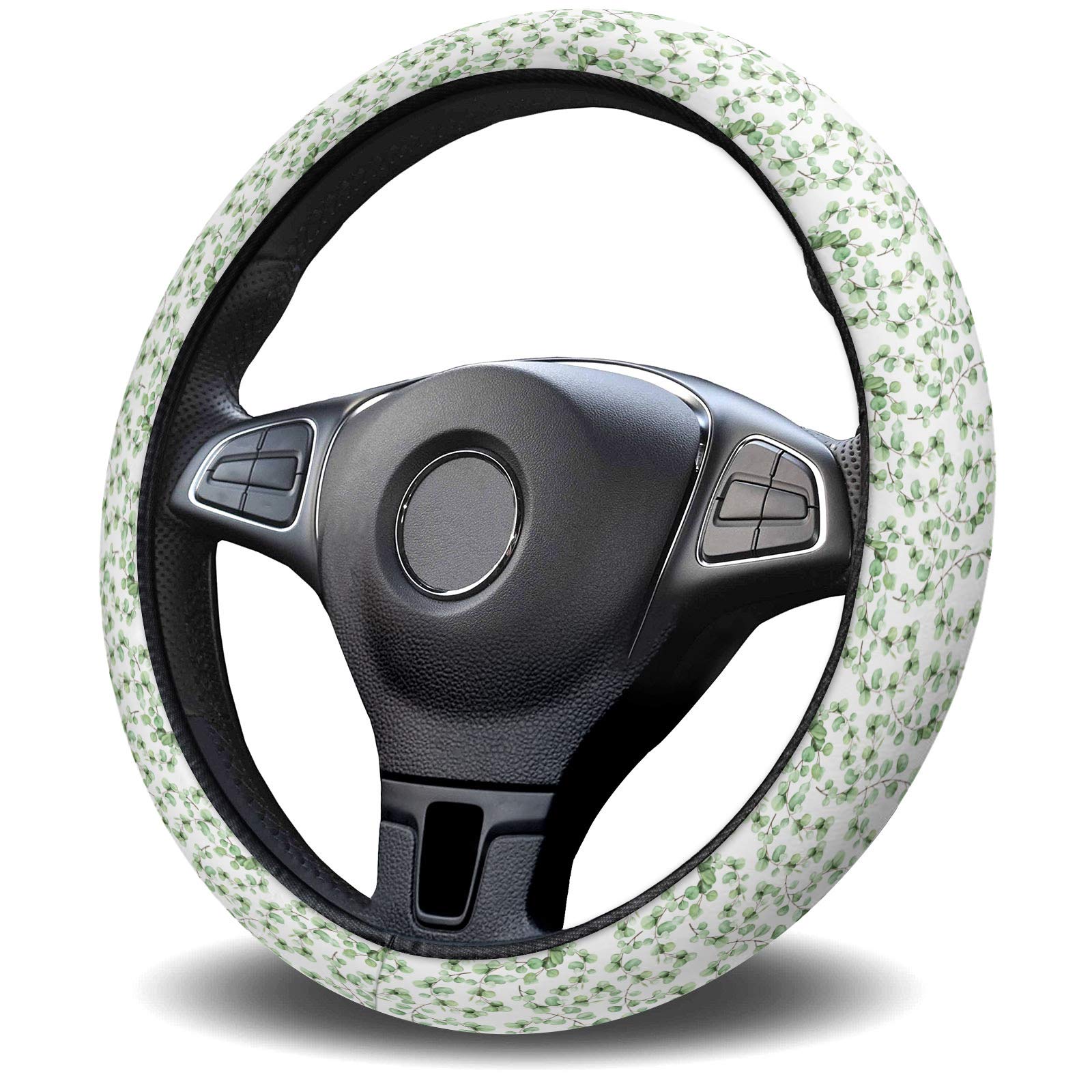 Universal 15-inch Anti-Slip Steering Wheel Cover for Cars, Trucks & SUVs - Elegant Leaf Design with Green Plant Pattern, Washable Wheel Protector for Women & Men | Perfect for Daily Commute & Road Trips