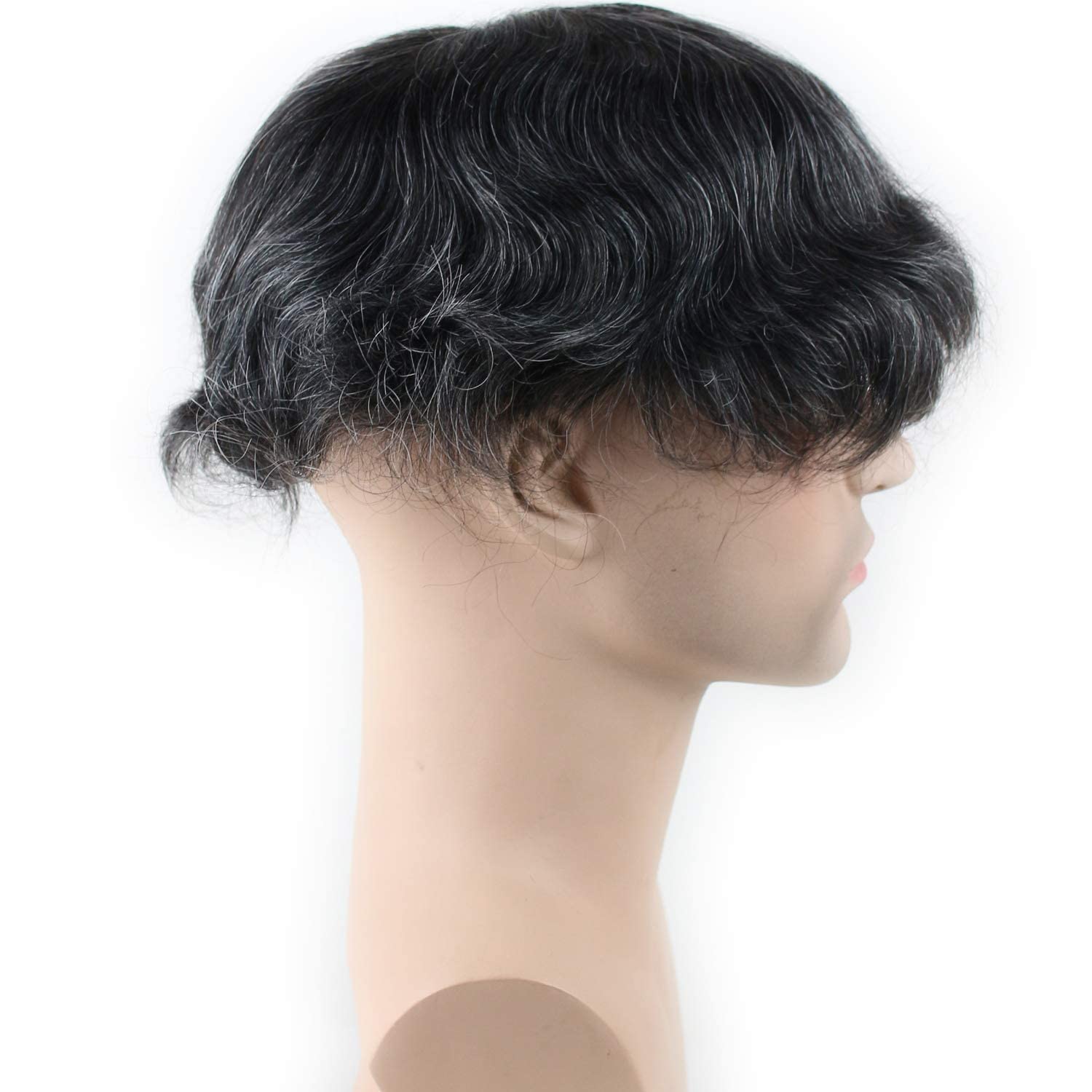 Natural Real Human Hair French Lace Toupee with PU Thin Skin for Men - 1B Mix 20% Grey Hair Replacement System | Perfect for Daily Wear, Special Occasions & Hair Loss Solutions