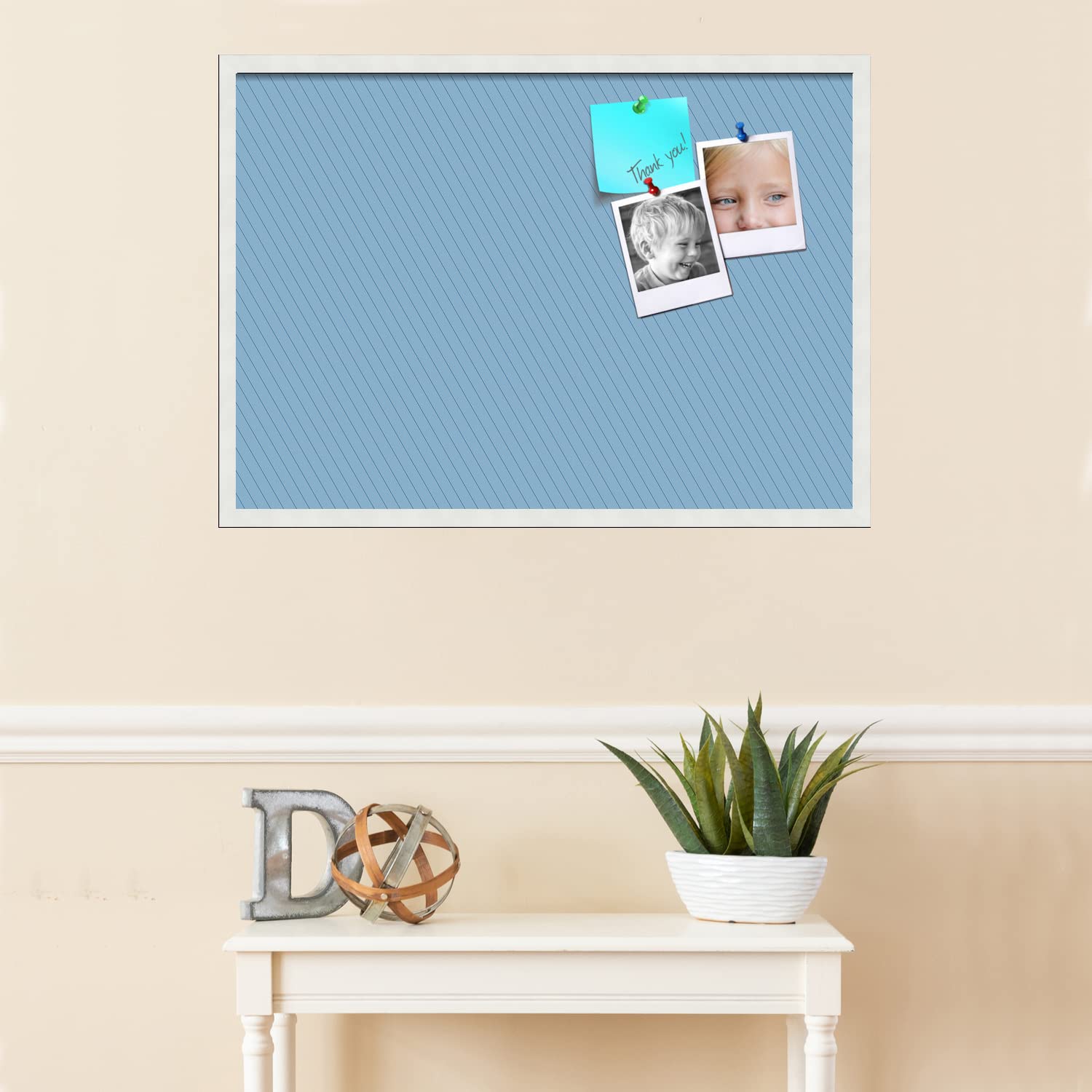 PinPix 34x24 Inch Cork Bulletin Board - Navy Stripes Design with Satin White Frame | Decorative Wall Pin Board for Home Office, School Classroom, Dorm Room & Workspace Organization | Premium Push Pin Notice Board for Notes, Photos & Memos