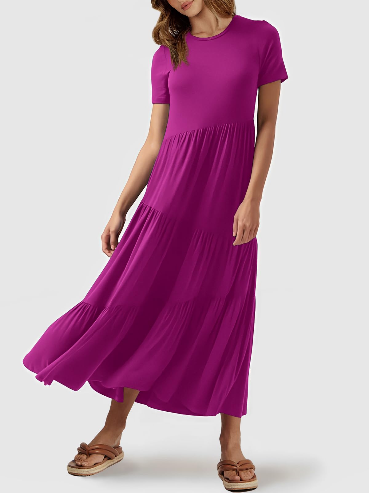 ANRABESS Women's Summer Maxi Dress - Short Sleeve Casual Swing Dress, Asymmetric Tiered Beach Sundress for Vacation, Long Dress for Beach Outings, Pool Parties and Summer Getaways