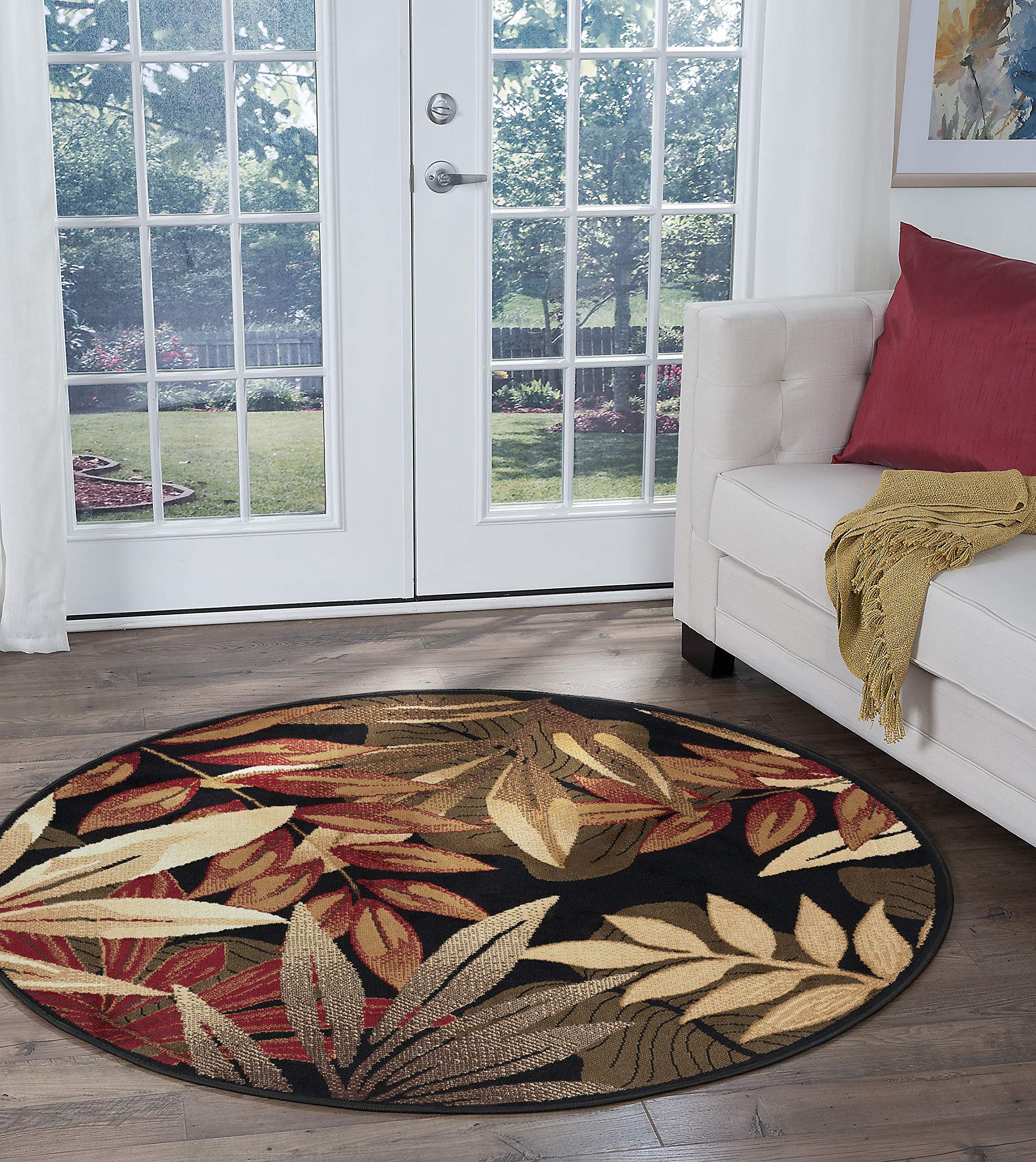 Tayse Pomona Black 6-Foot Round Area Rug - Soft Transitional Botanical Design for Living Room, Bedroom & Dining Room - Perfect for Home Decor, Floor Protection and Cozy Interior Styling