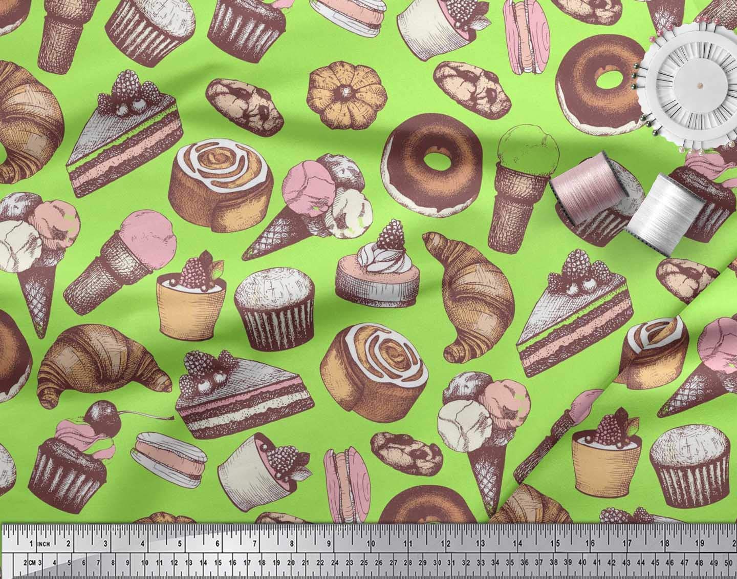 Soimoi 100% Cotton Voile Fabric by The Yard - 42 Inch Wide - Cupcake, Donut & Cookies Food Print - Whimsical Green Printed Fabric for DIY Crafts, Quilting, Dressmaking & Home Decor Projects