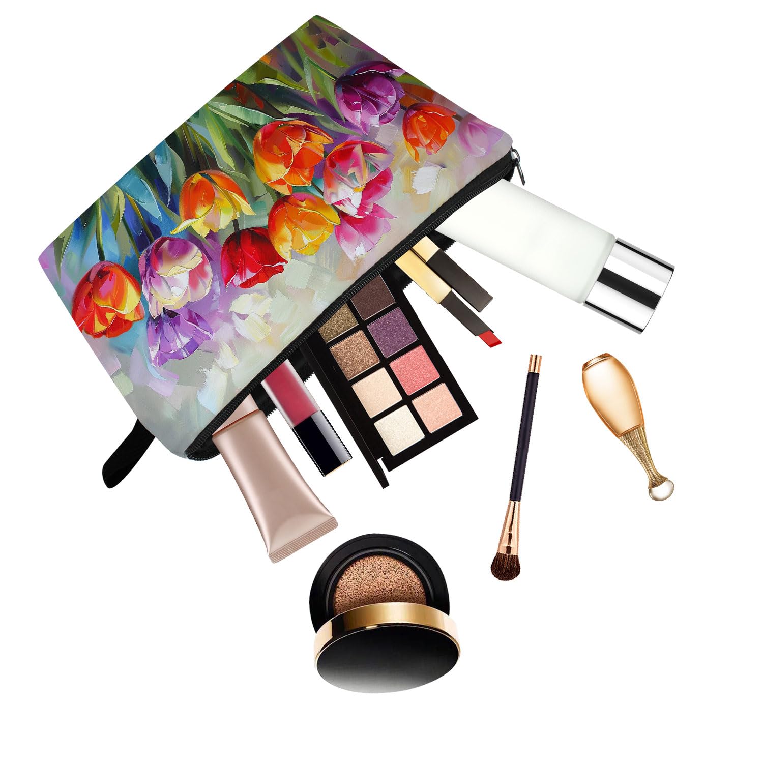 Tulip Print Cosmetic Bag - Cute Zippered Makeup Organizer for Women, Perfect Gift for Tulip Lovers & Birthday Presents
