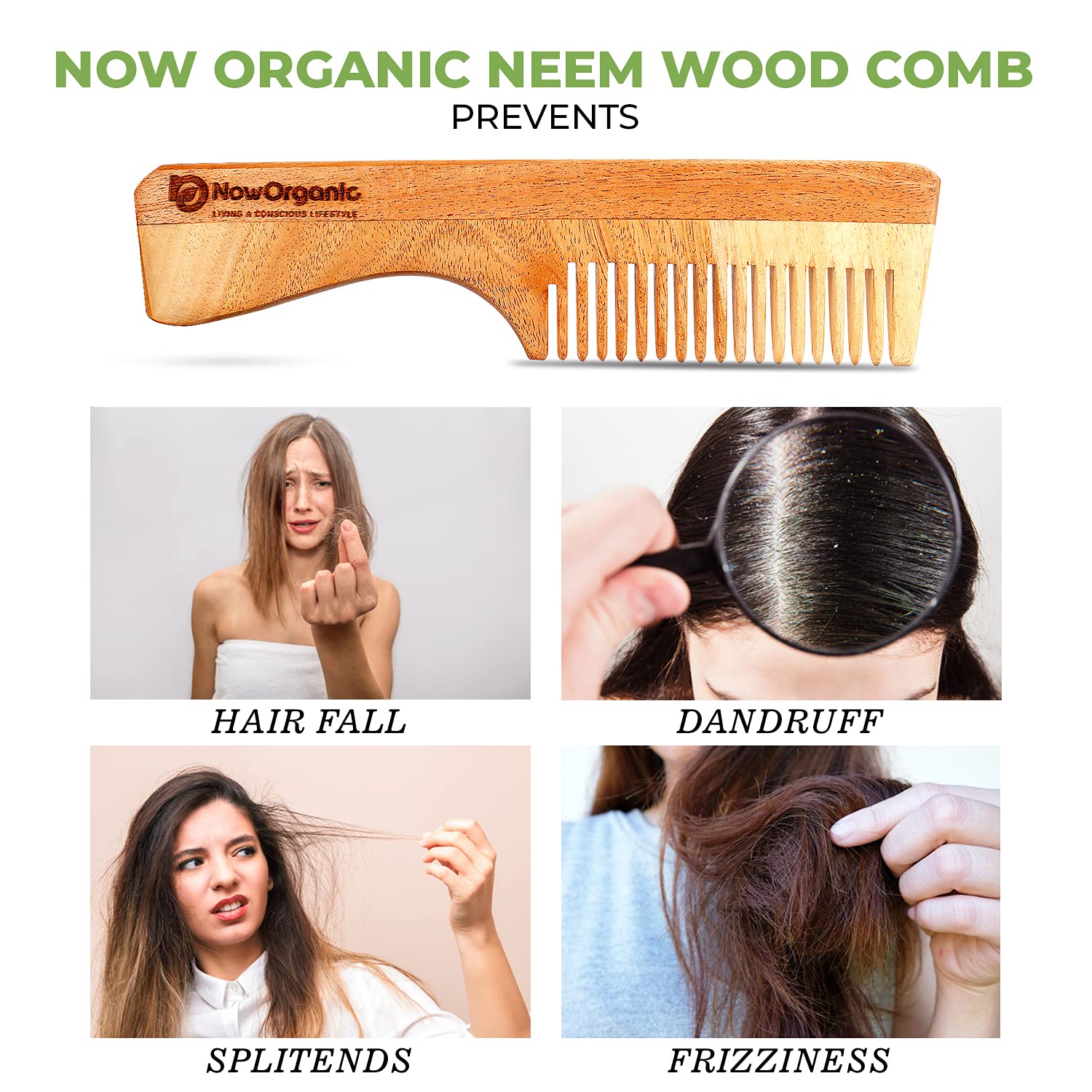 Organic Neem Wood Hair Comb for Healthy Hair - Anti Dandruff & Hair Fall Prevention - Reusable Muslin Pouch Included | Perfect for Daily Hair Care & Scalp Massage at Home or Travel