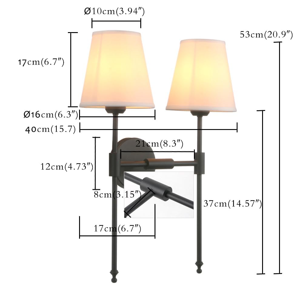 PERMO Classic Rustic Double Sconce Wall Light - 2-Light Black Arm Fixture with White Flared Fabric Shade - Perfect for Bathroom, Bedroom, Bedside & Hallway Lighting