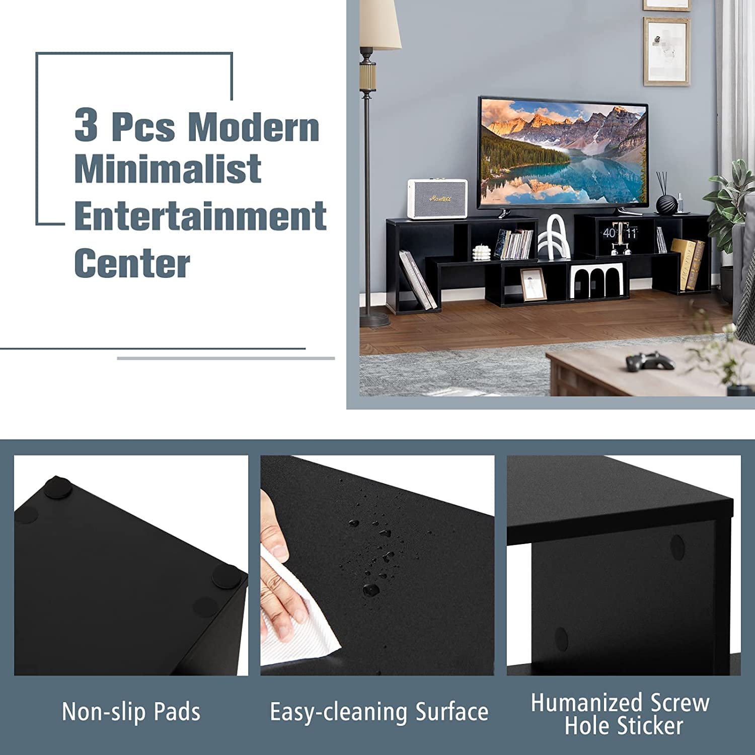 Giantex Modern 3-Piece DIY Open Bookcase Shelf Set - Black Storage & Display Console TV Stand for Living Room, Bedroom | Perfect for Organizing Books, Decor & Entertainment Systems