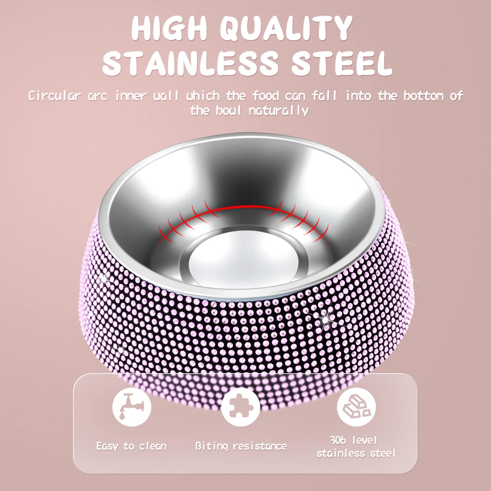 Sparkling Rhinestone Stainless Steel Dog Bowls - Non-Slip Rubber Base Pet Food & Water Feeder for Puppies, Cats & Dogs (320ML, 2-Pack, Pink) - Perfect for Home, Travel & Outdoor Use