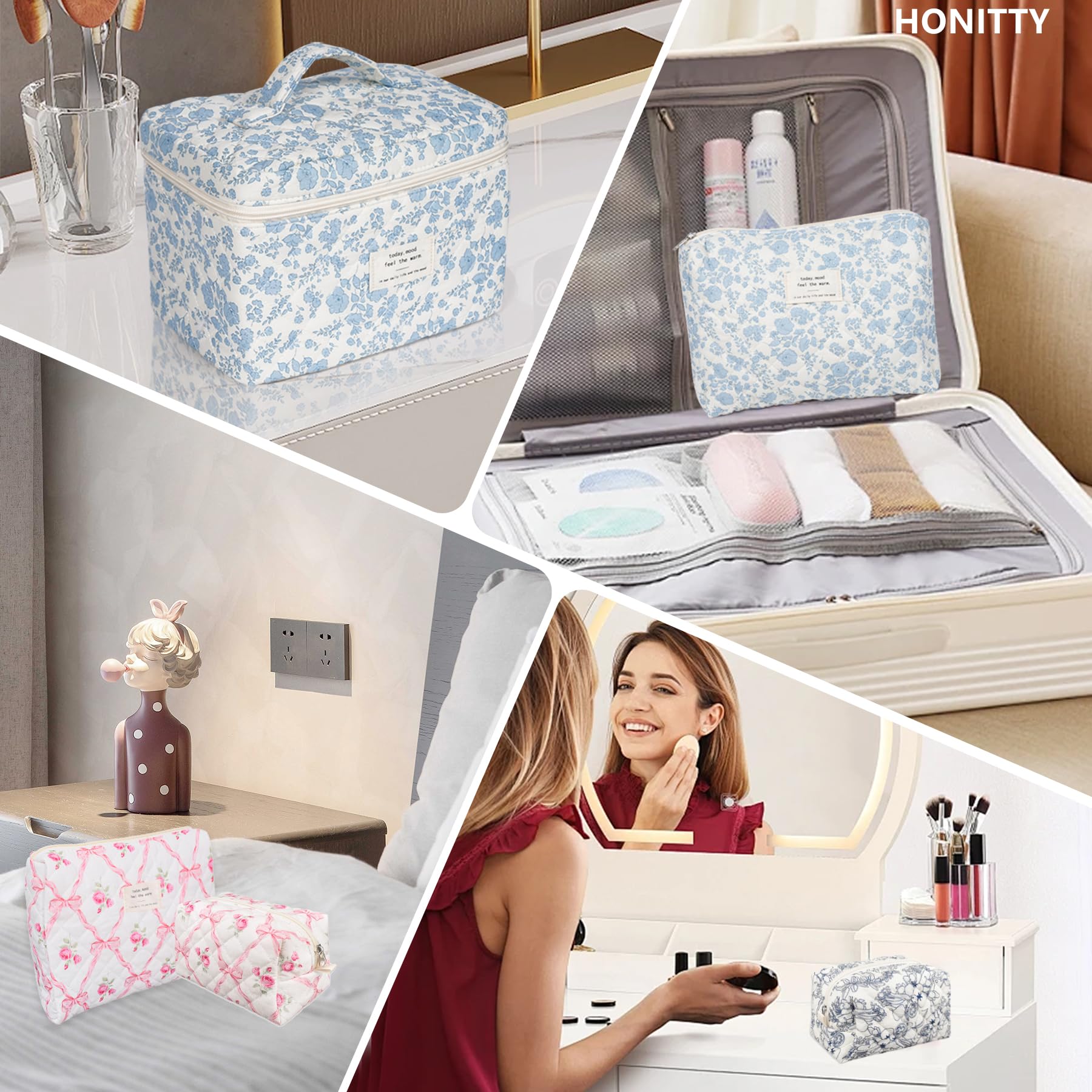 Quilted Floral Makeup Bag for Women - Medium Travel Cosmetic Pouch with Cotton Lining, Cute Storage Organizer for Brushes & Toiletries | Perfect for Travel, Gym & Daily Essentials