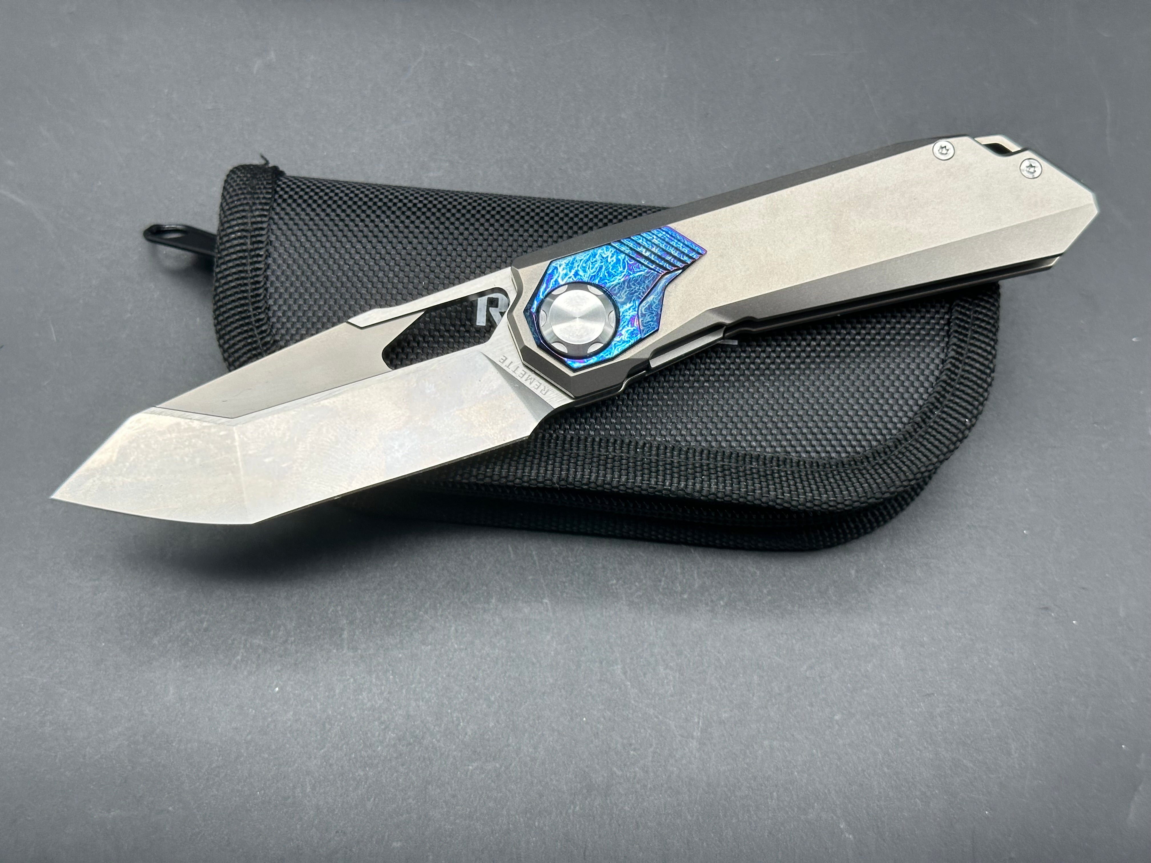 REMETTE RT Peregrine Falcon Titanium/Color Inlay Handle M390 Reverse Tanto Folding Knife - EDC, Outdoor Survival, Camping & Tactical Use
