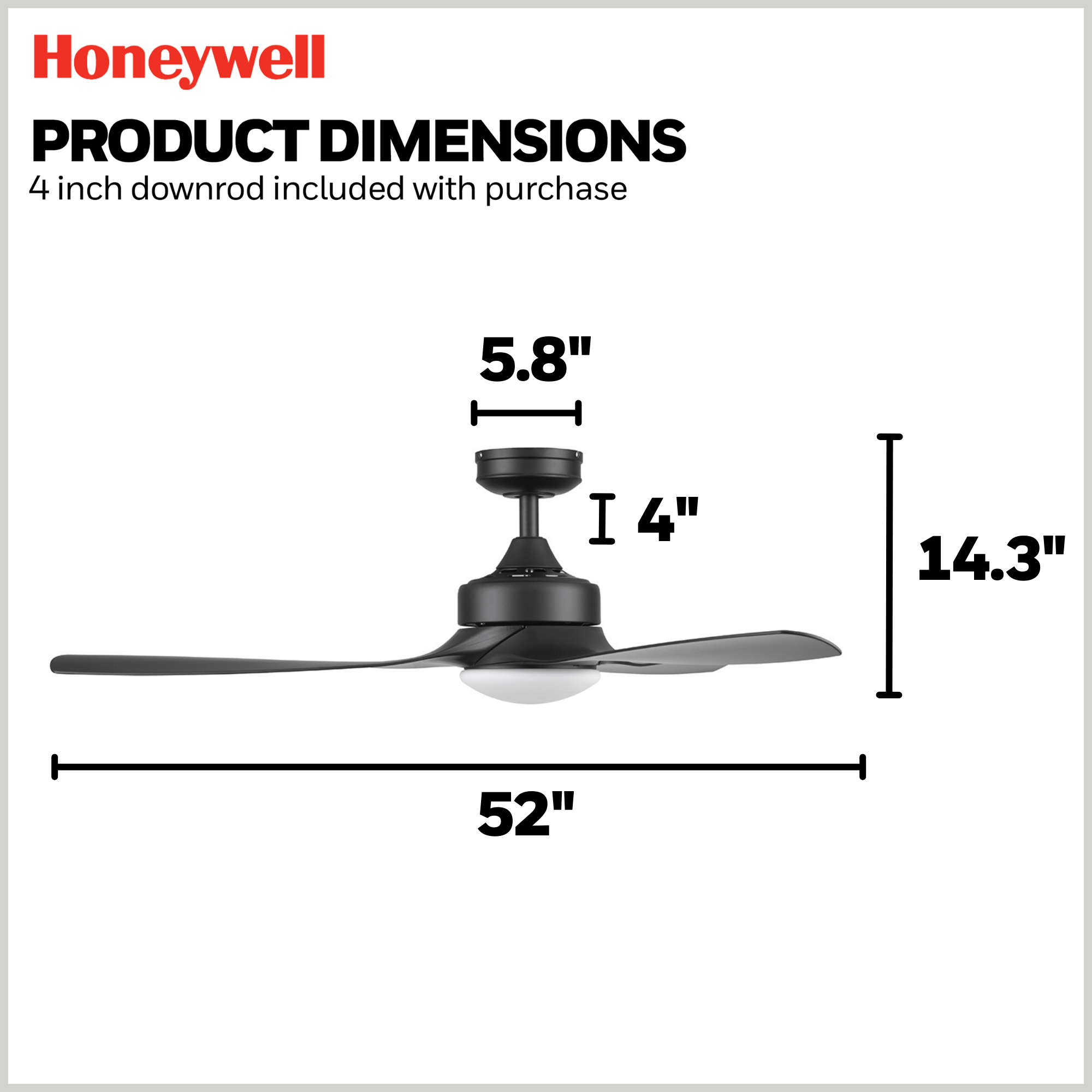 52 Inch Honeywell Lynton Matte Black Ceiling Fan with Light Kit & Remote Control - Quiet Reversible Motor for Bedroom, Living Room, and Outdoor Covered Patio