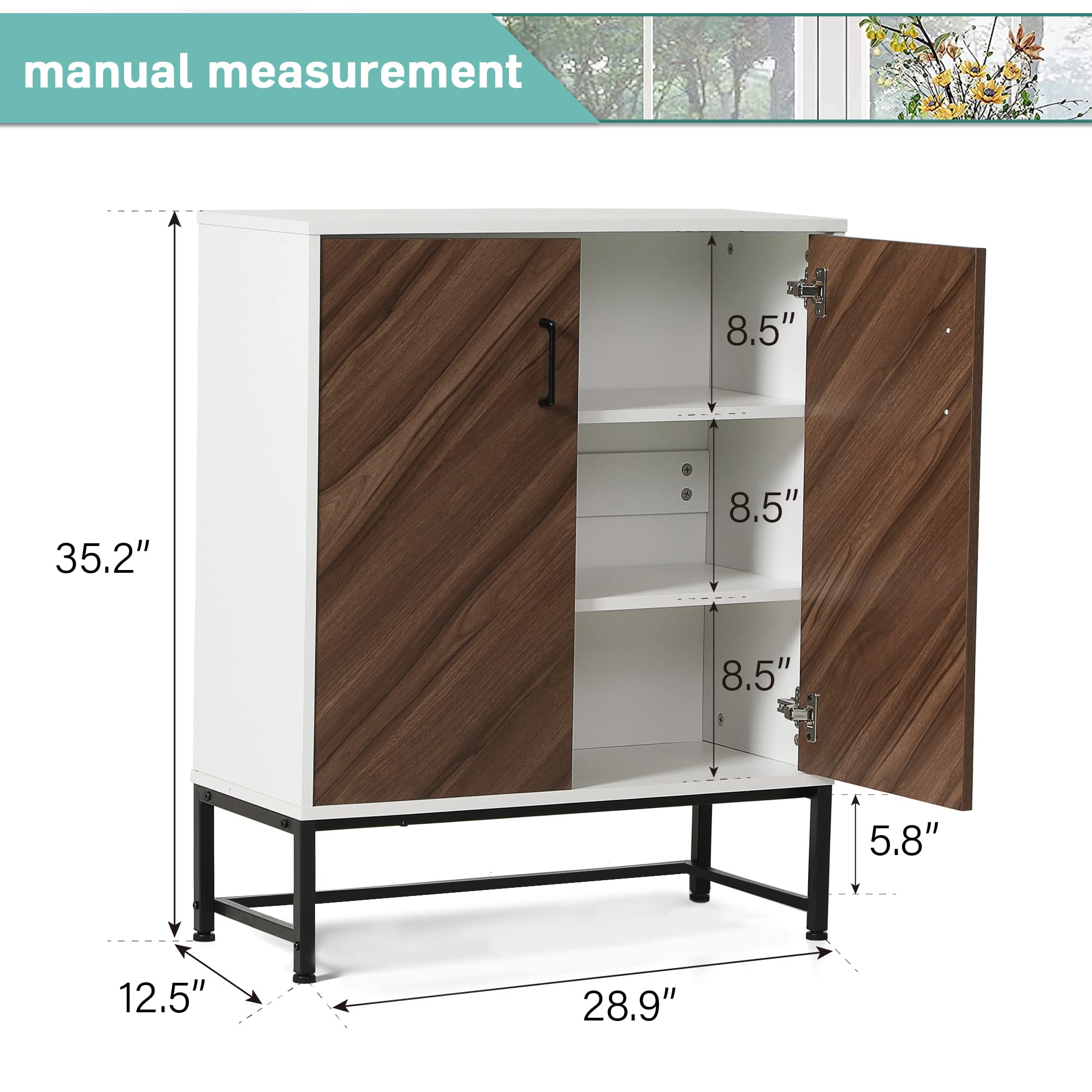 ALPHA HOME Wooden Accent Cabinet with Doors - Farmhouse Style Buffet Storage Cabinet for Kitchen, Dining Room & Living Room - Distressed Finish in Brown/White - 28.9 x 12.5 x 35.2 Inches - Perfect for Organizing Dishes, Linens & Home Decor