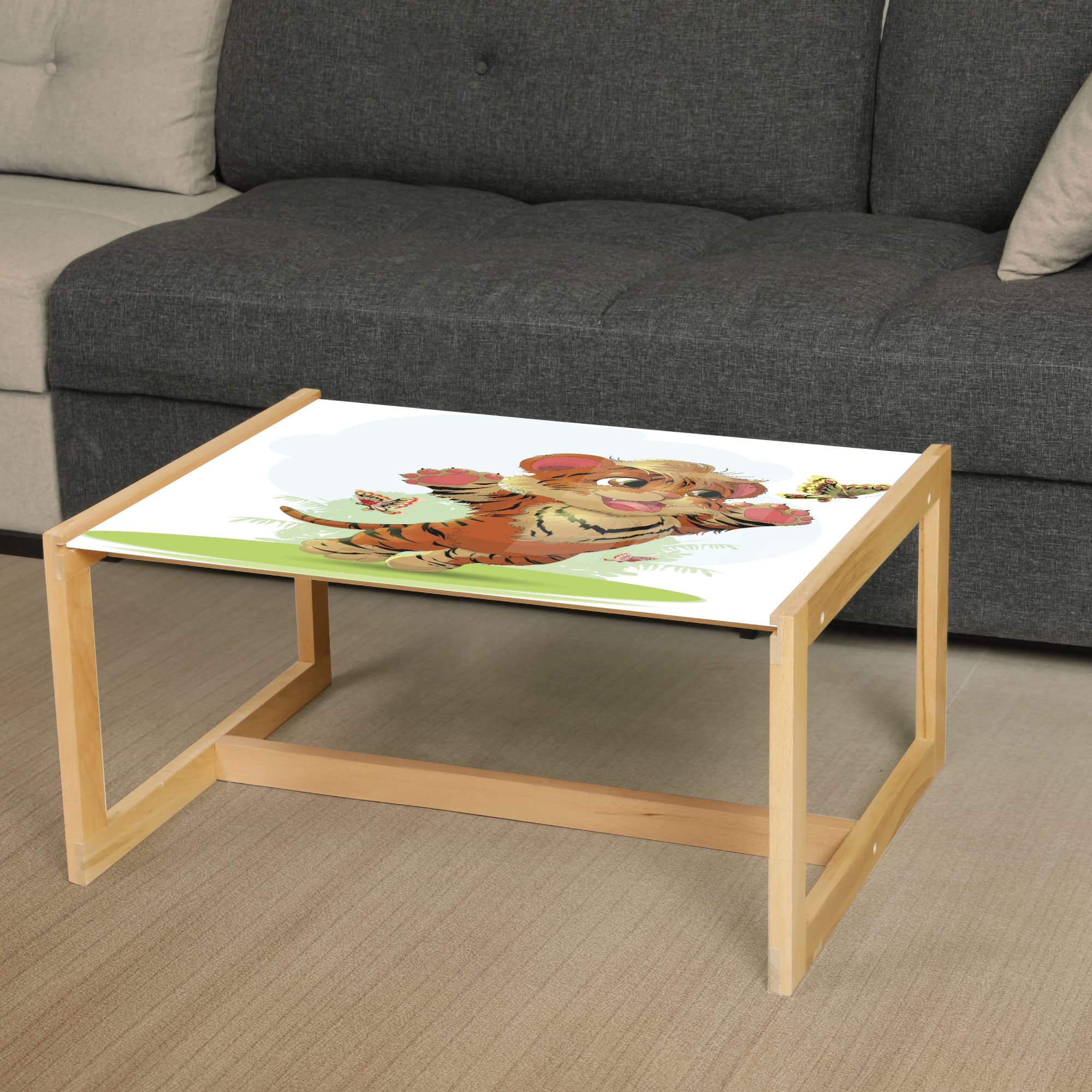 Playful Tiger Cat Coffee Table - Wooden Frame, Acrylic Glass Top for Office & Dorm Decor
